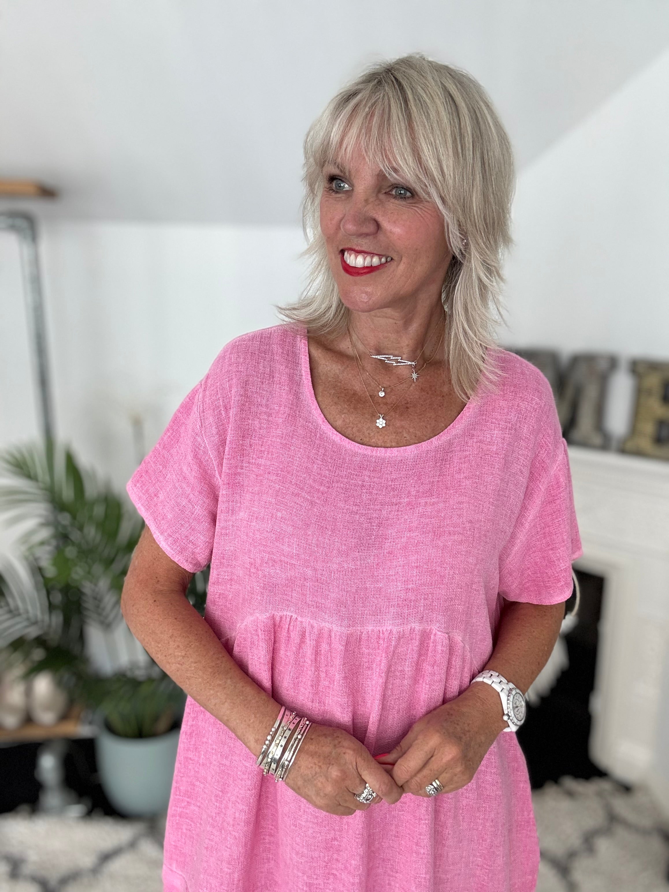 Cotton & Linen Cocoon Dress in Candy Pink