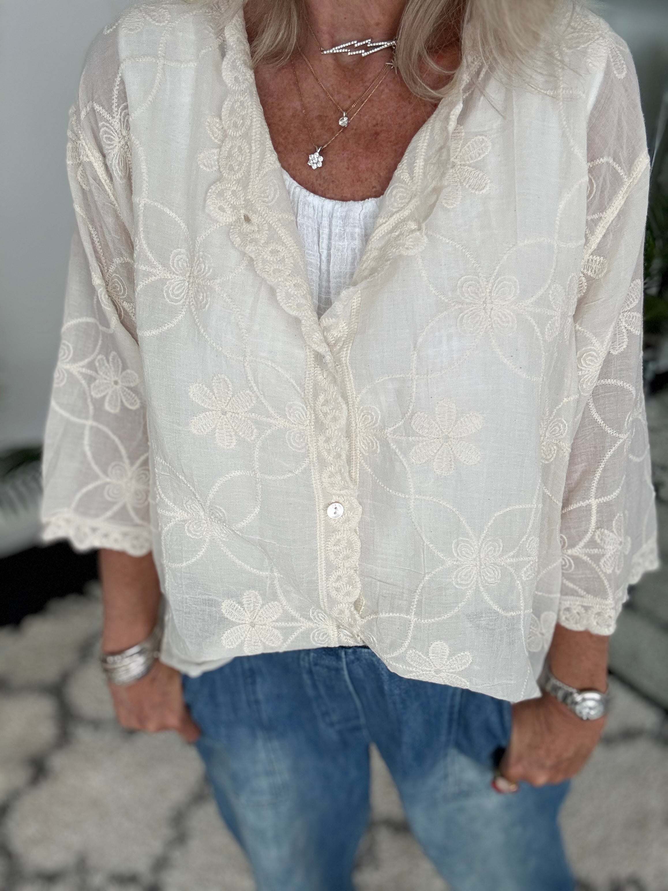 Buttoned Lace Top in Ecru