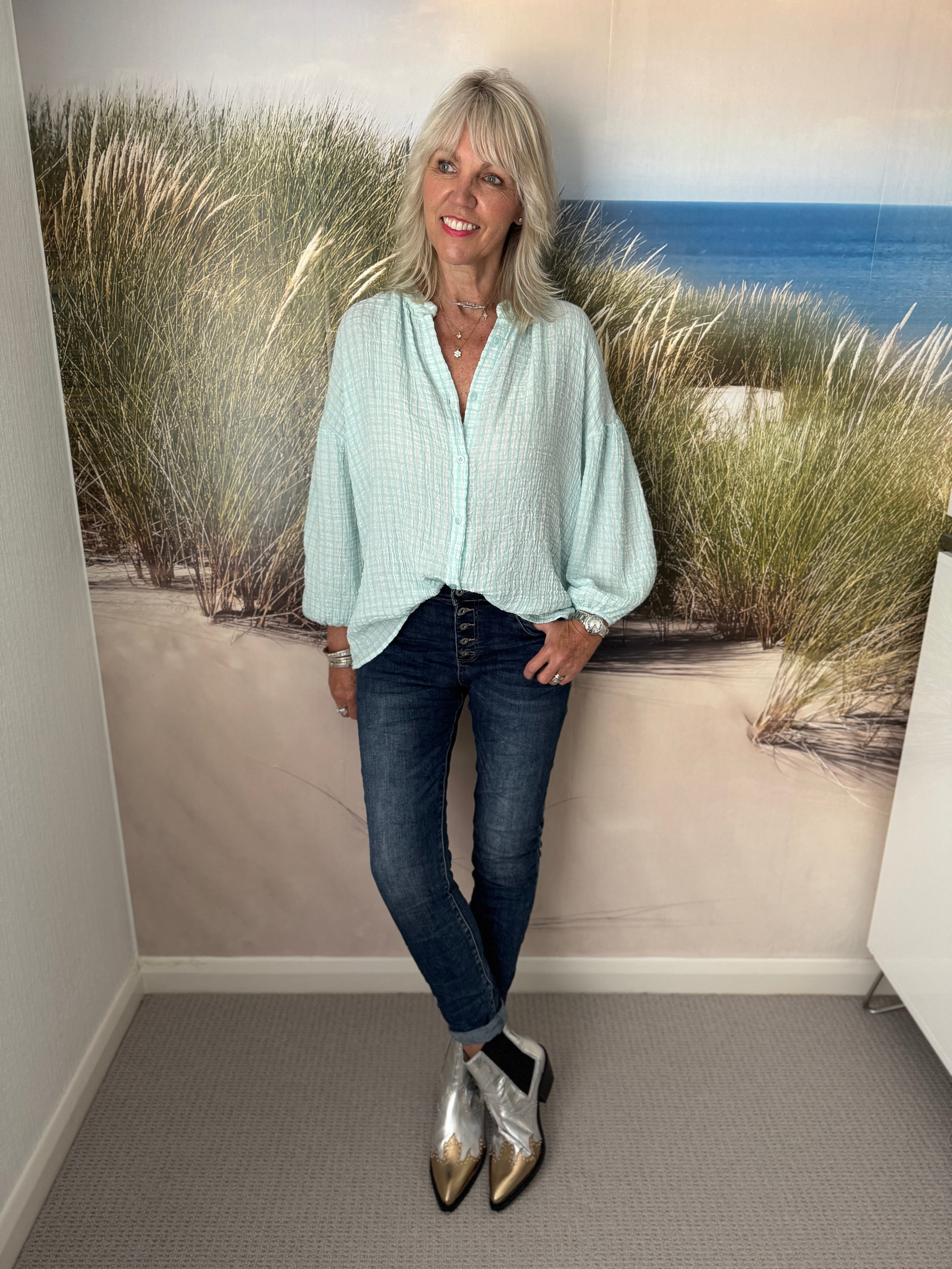 Gingham Seersucker Blouse in Aqua