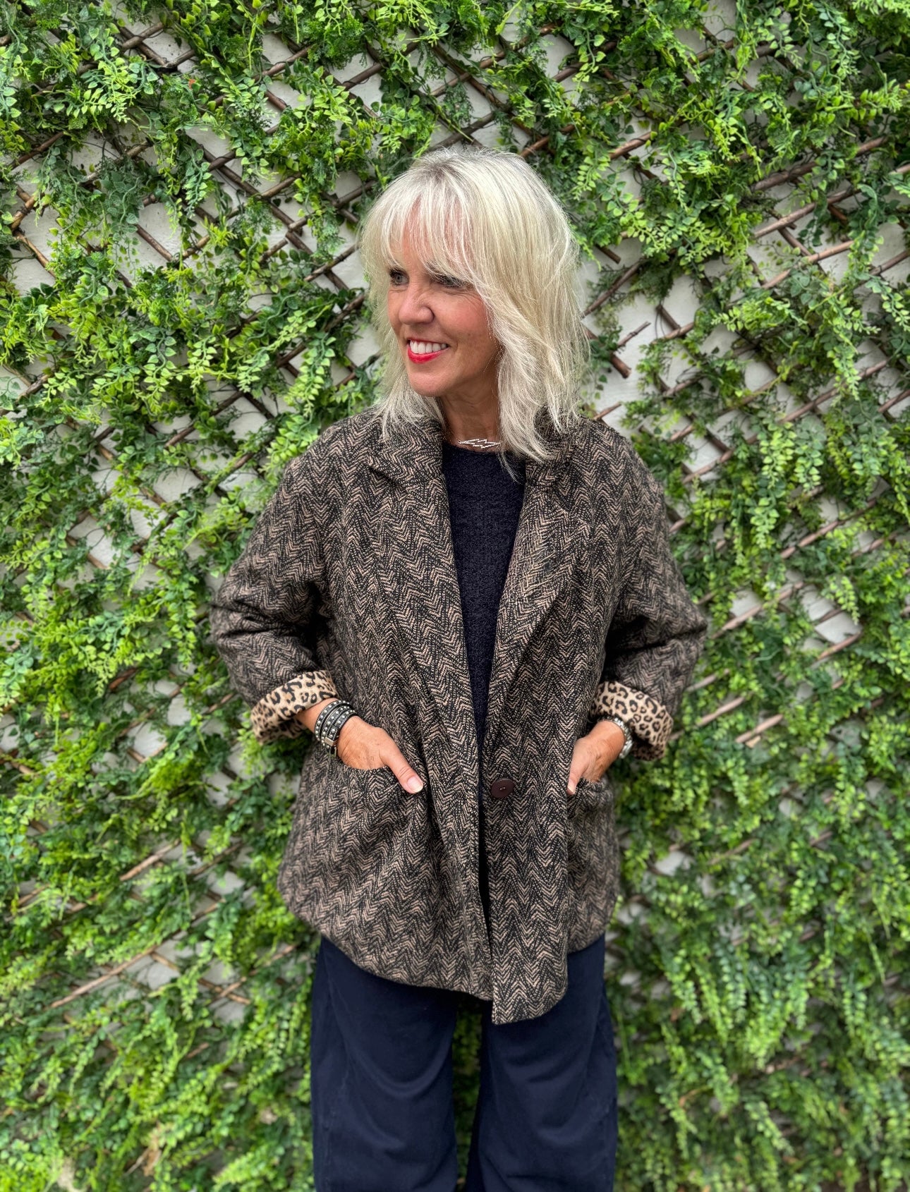 Brown Tweed Boyfriend Jacket with Leopard Lining