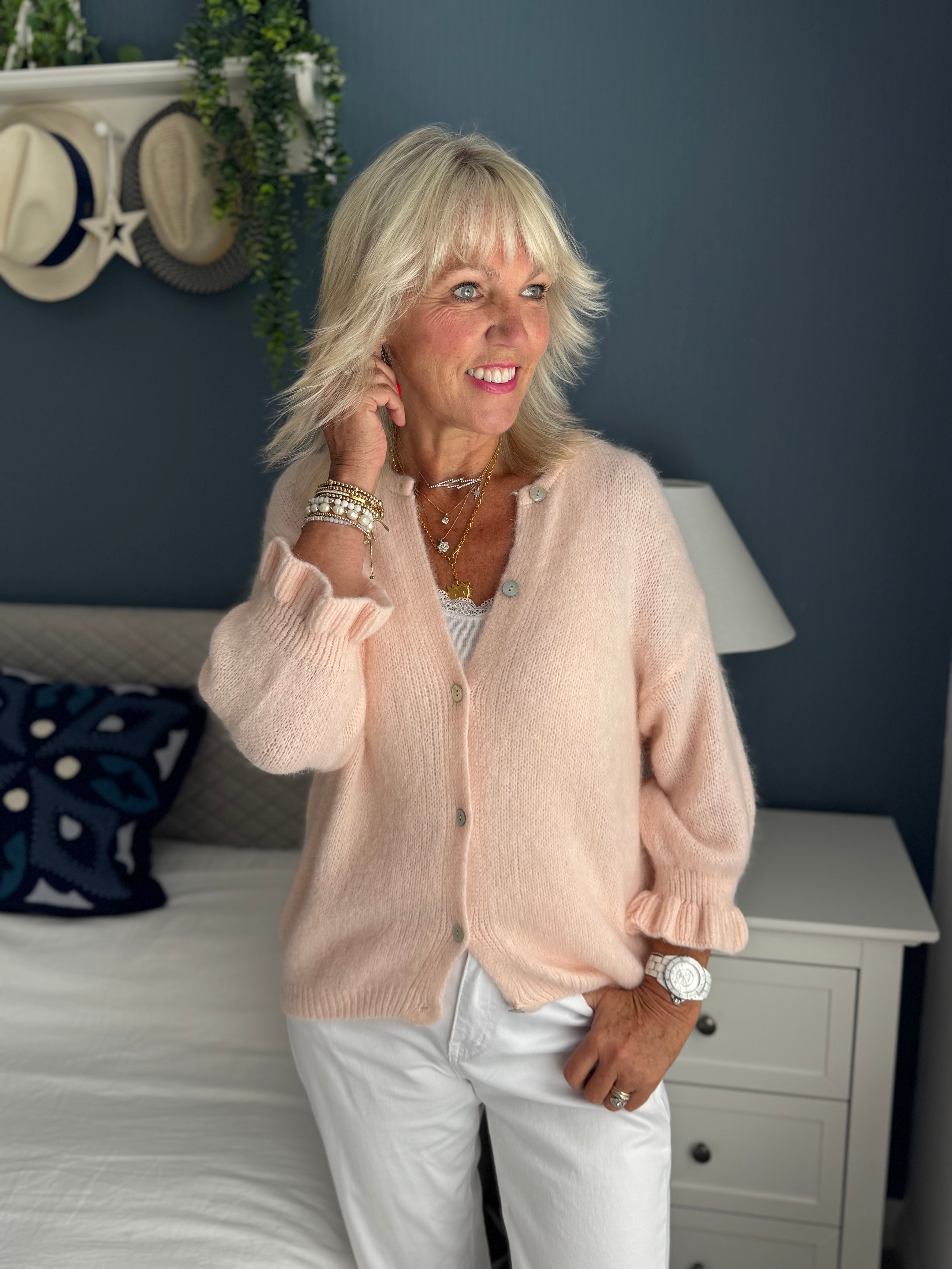 Alpaca Cardi with Frill Cuffs in Shell Pink