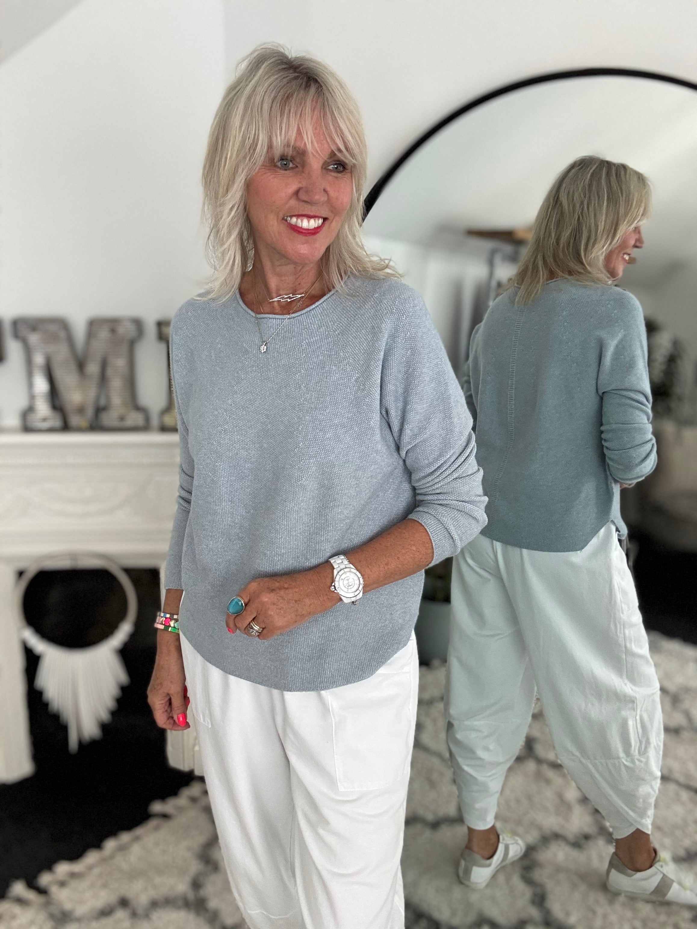 Moss Stitch Jumper with Ladder Back in Eggshell
