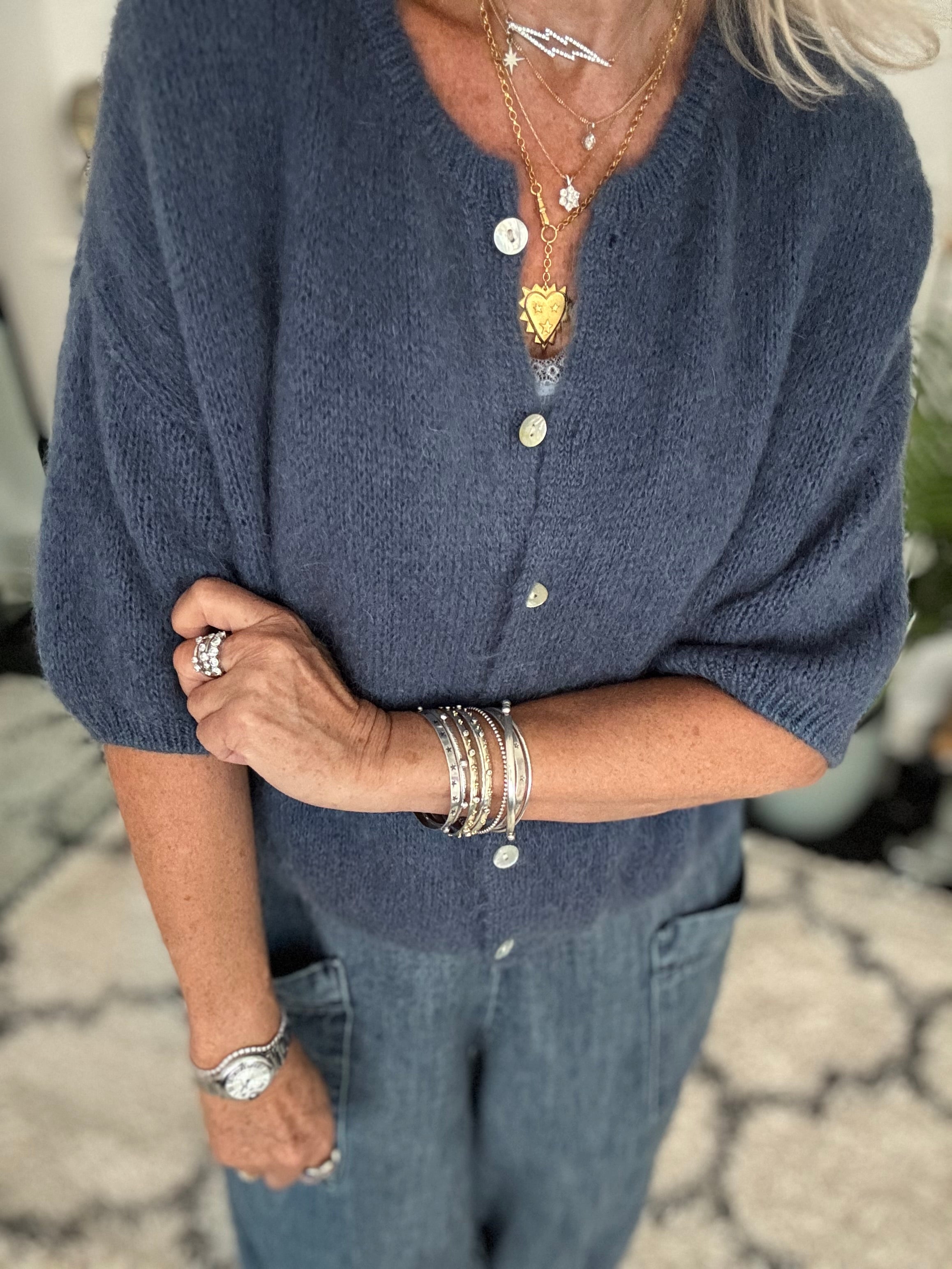 Cropped Sleeve Buttoned Cardi in Soft Denim