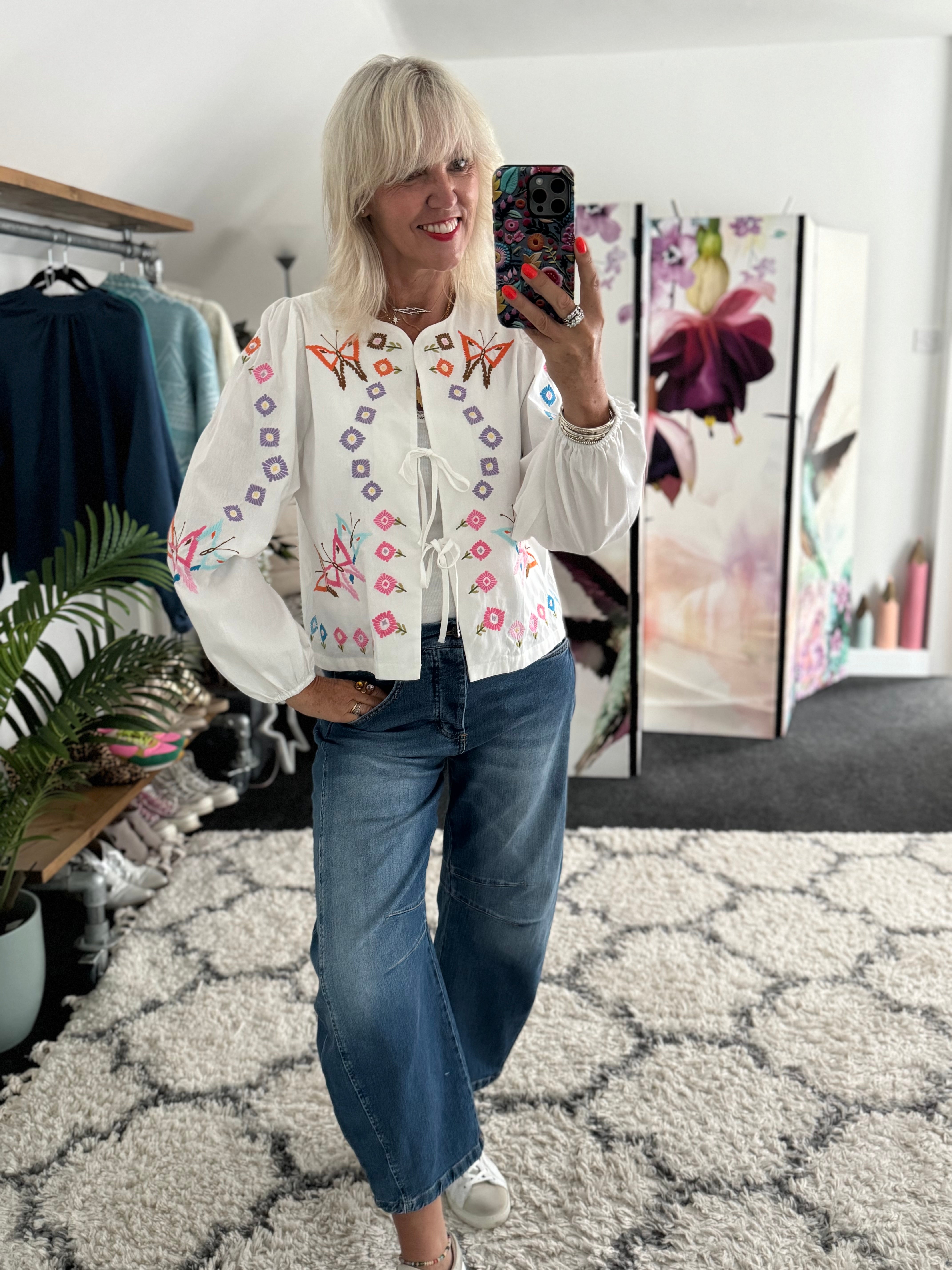 Embroidered Shirt Jacket with Tie Front