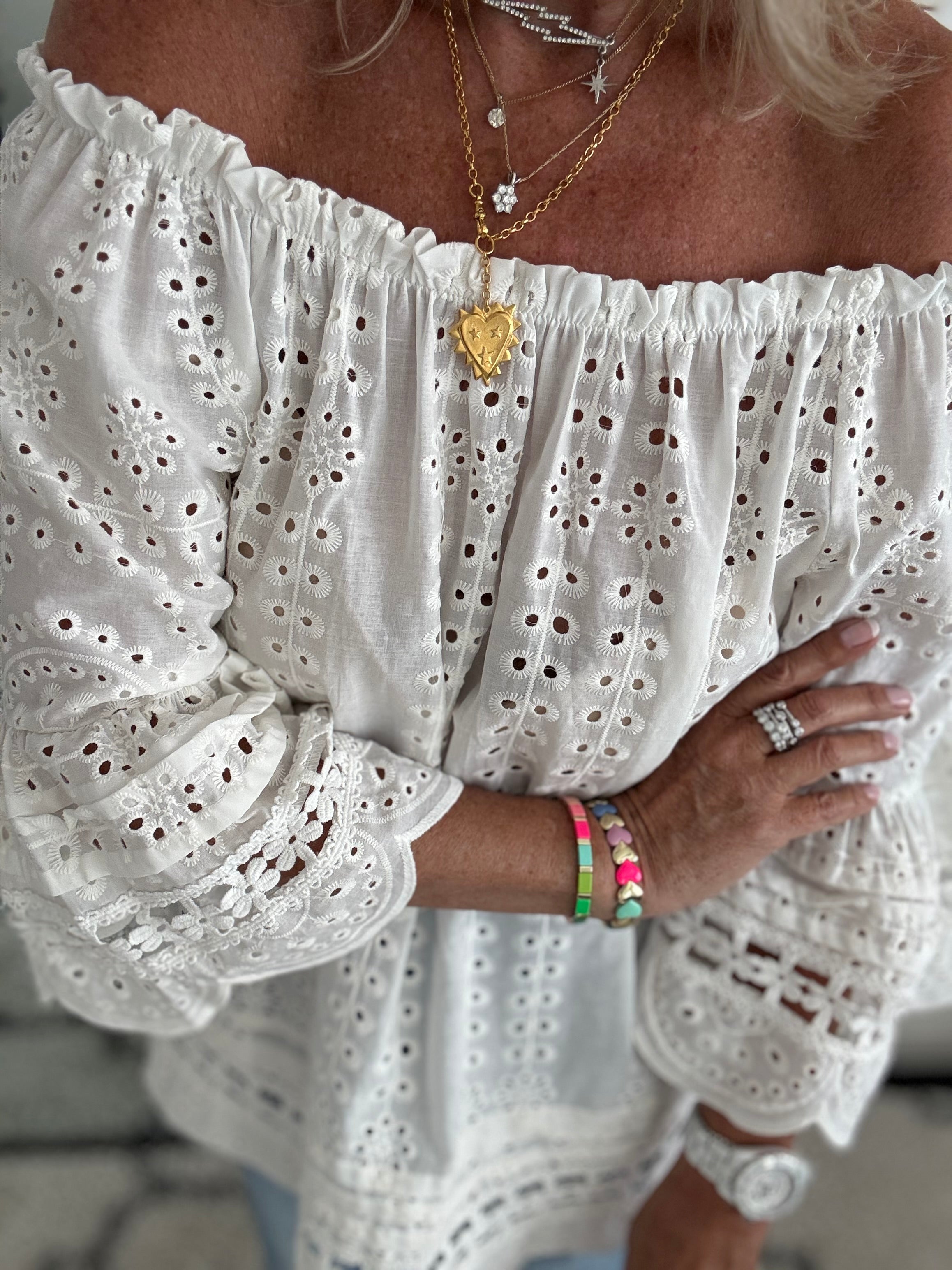 Designer Broderie Anglaise Top in Ivory