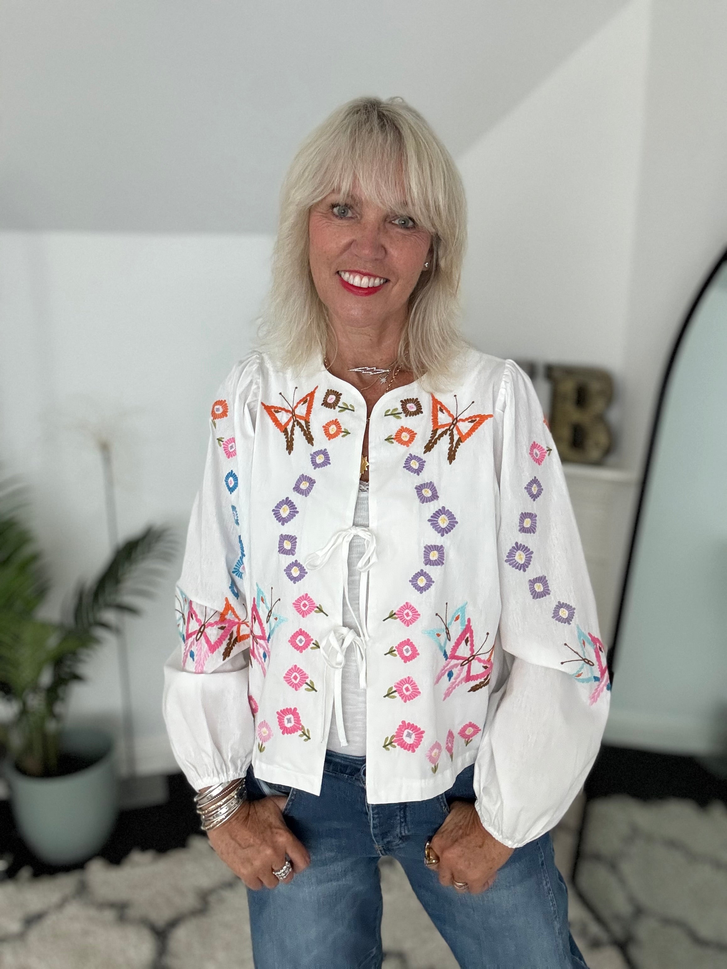 Embroidered Shirt Jacket with Tie Front