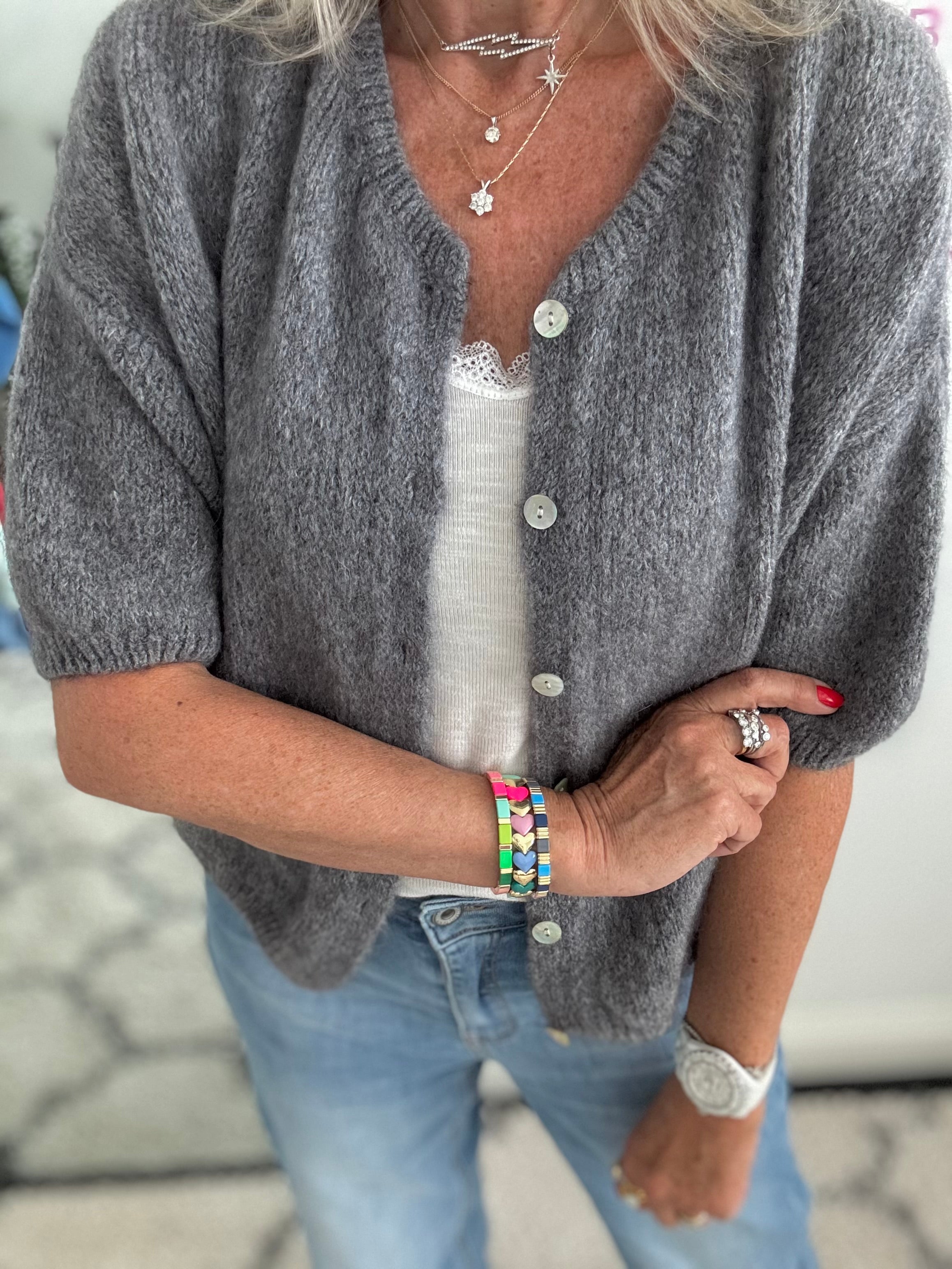 Cropped Sleeve Buttoned Cardi in Soft Charcoal