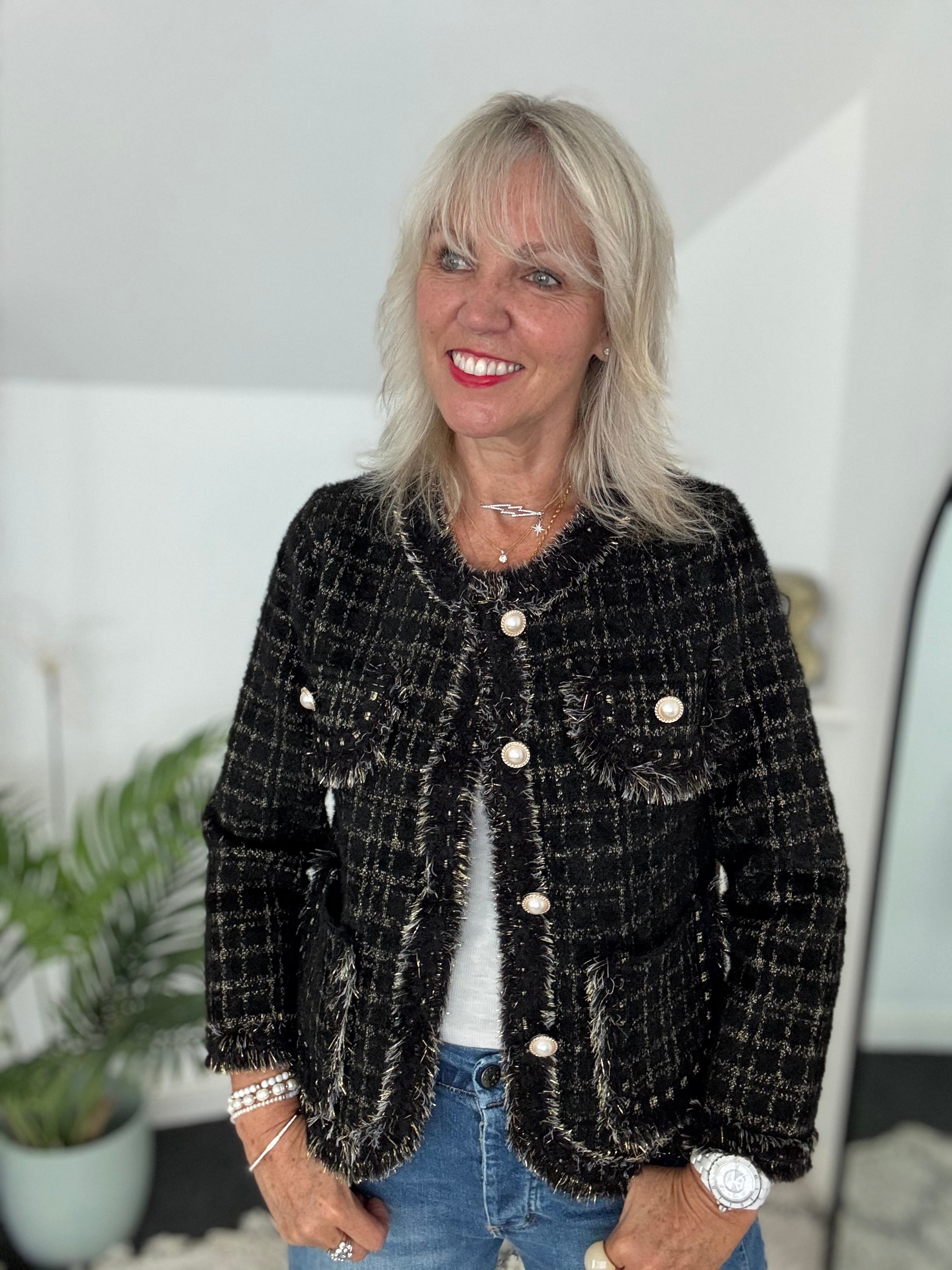 Pearl Button & Tweed Cardi Jacket in Black