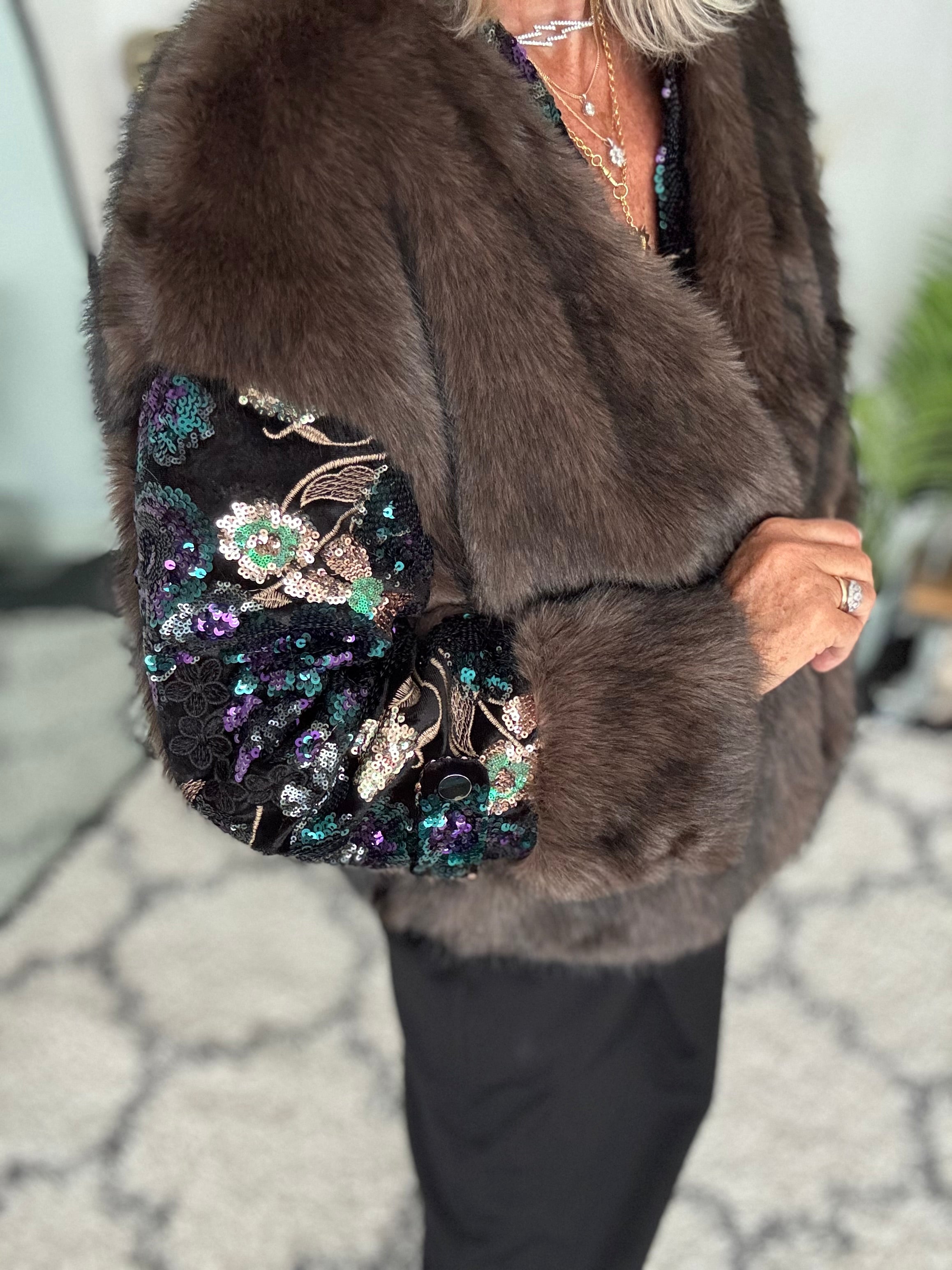 Faux Fur Jacket with Sequin Sleeves