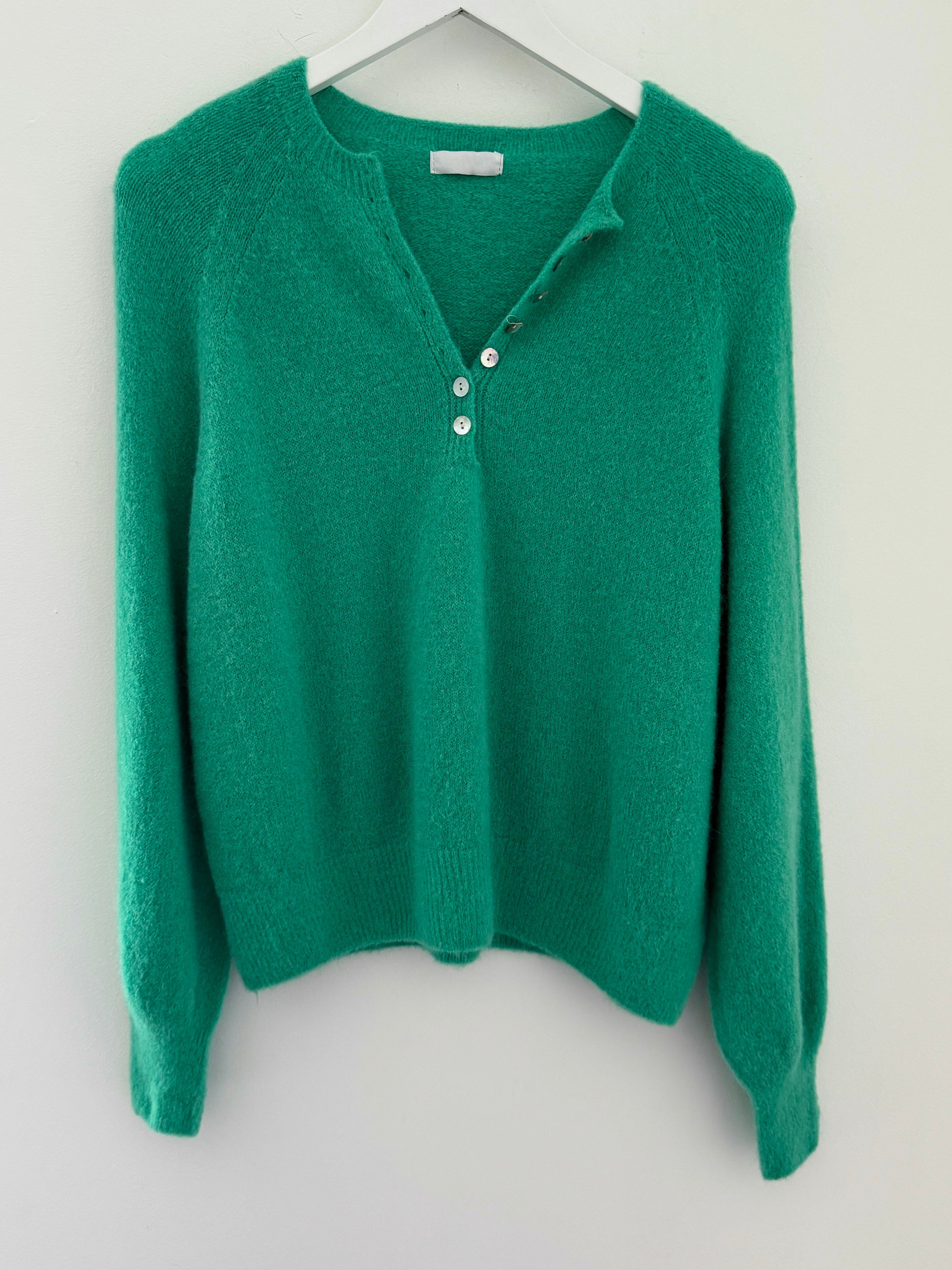Softie Jumper with Button Neck in Emerald Green