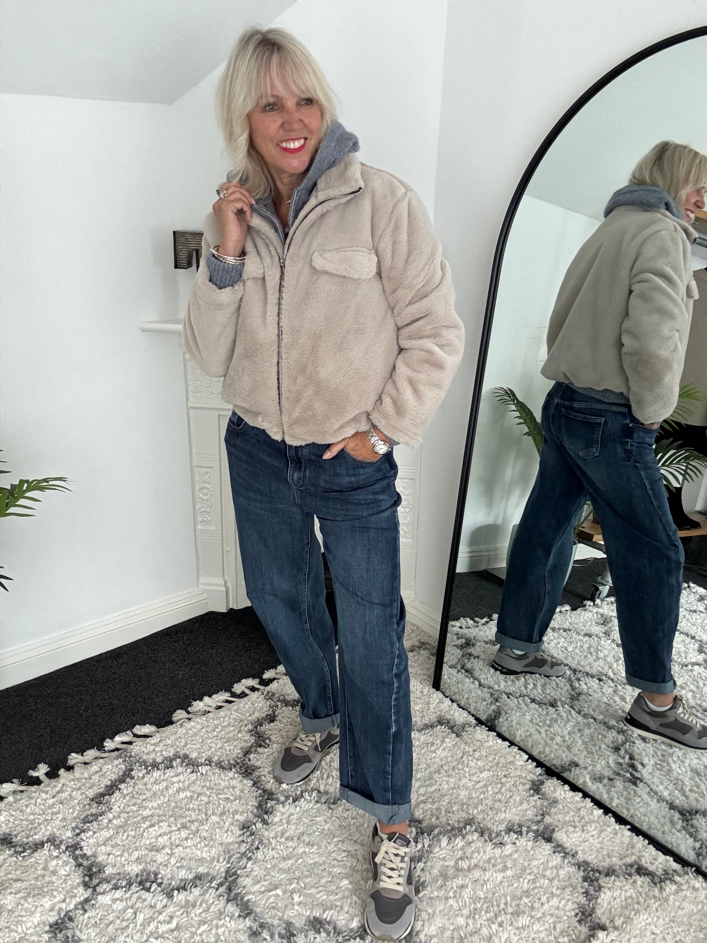 Faux Fur Jacket in Stone