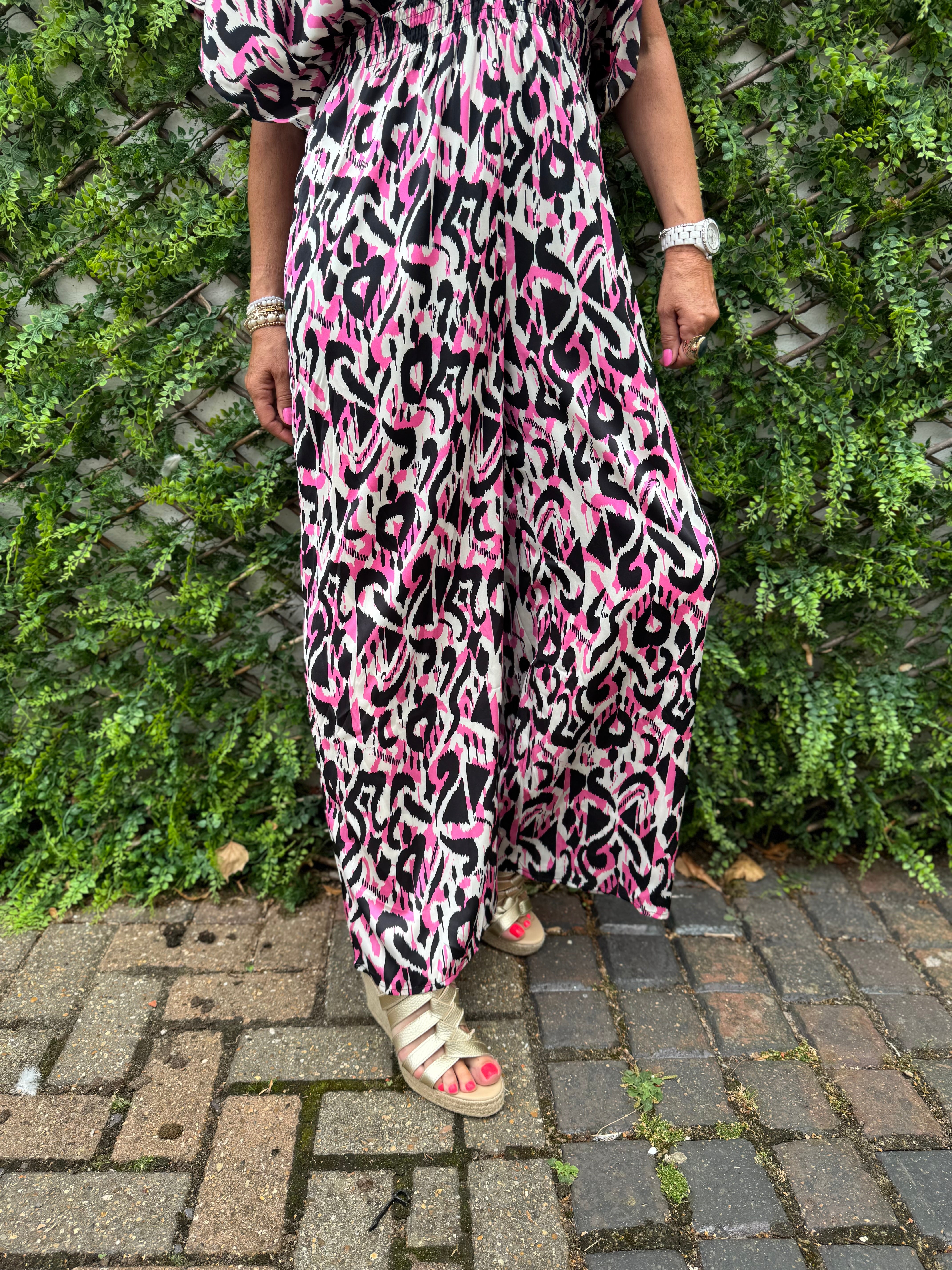 Silky Ikat Jumpsuit in Pink & Black