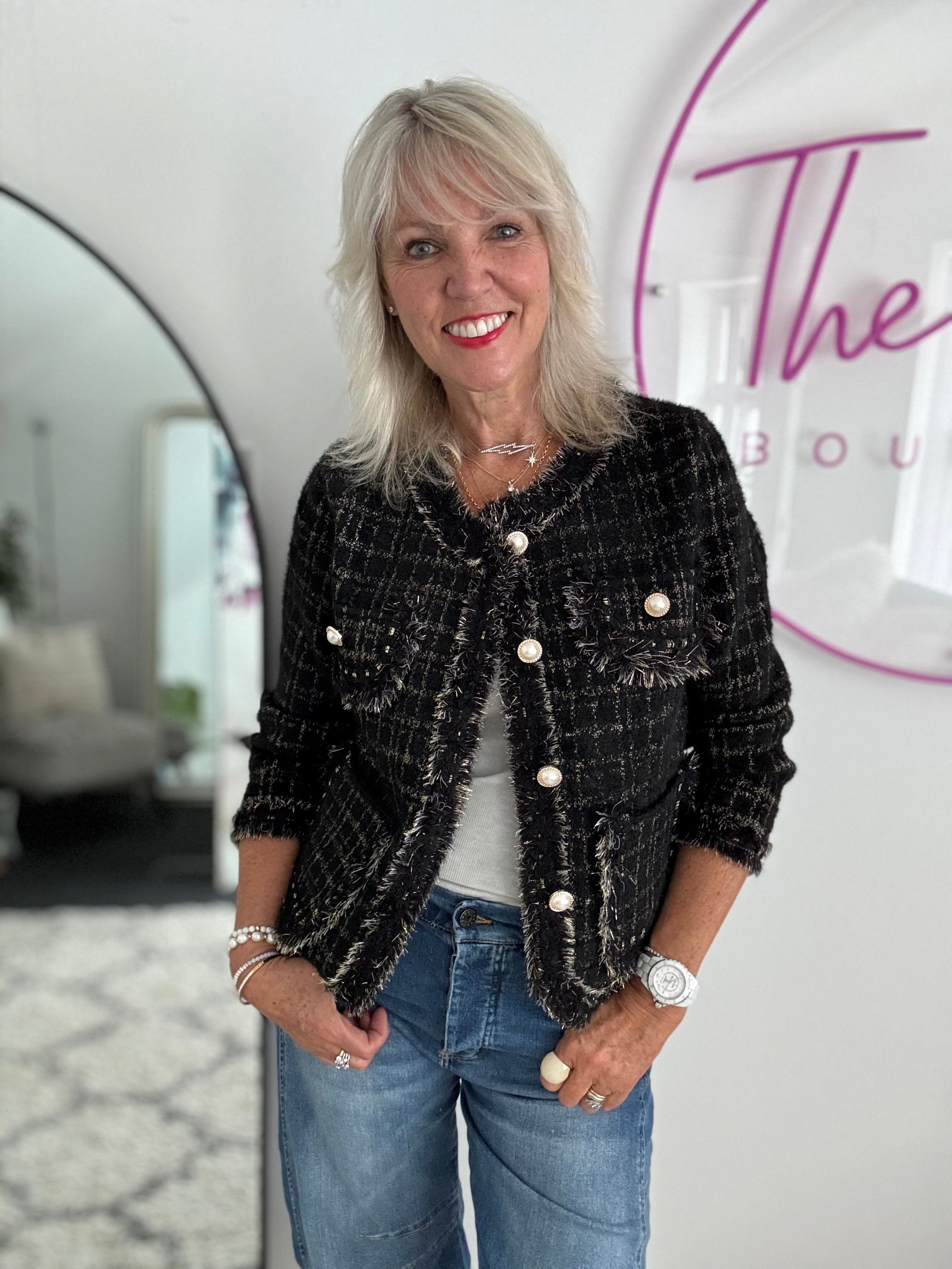 Pearl Button & Tweed Cardi Jacket in Black