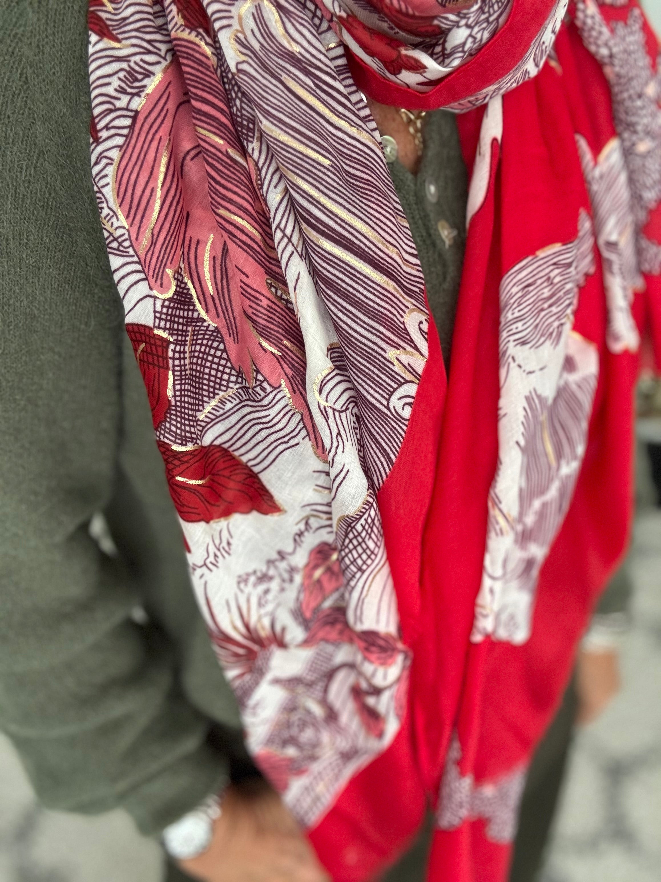 Stunning Leaf Scarf In Red & Pink