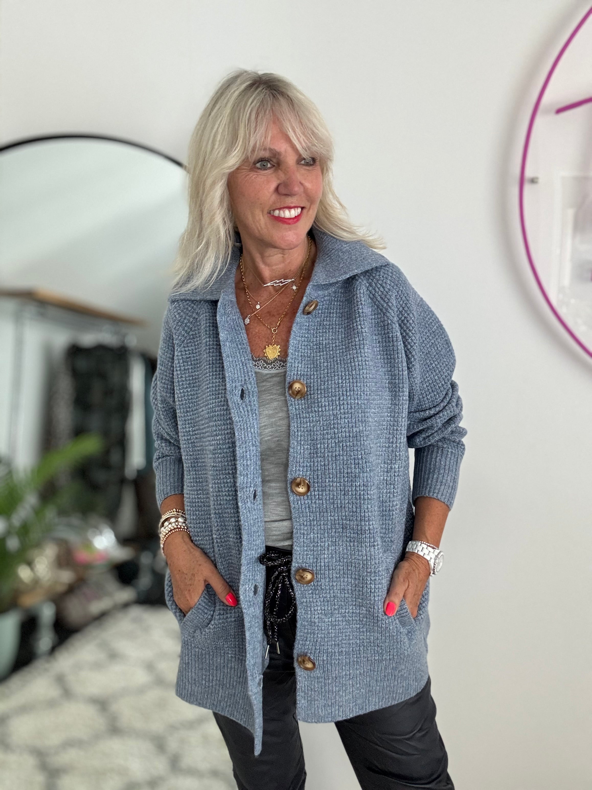 Fisherman Rib Knitted Jacket in Blue