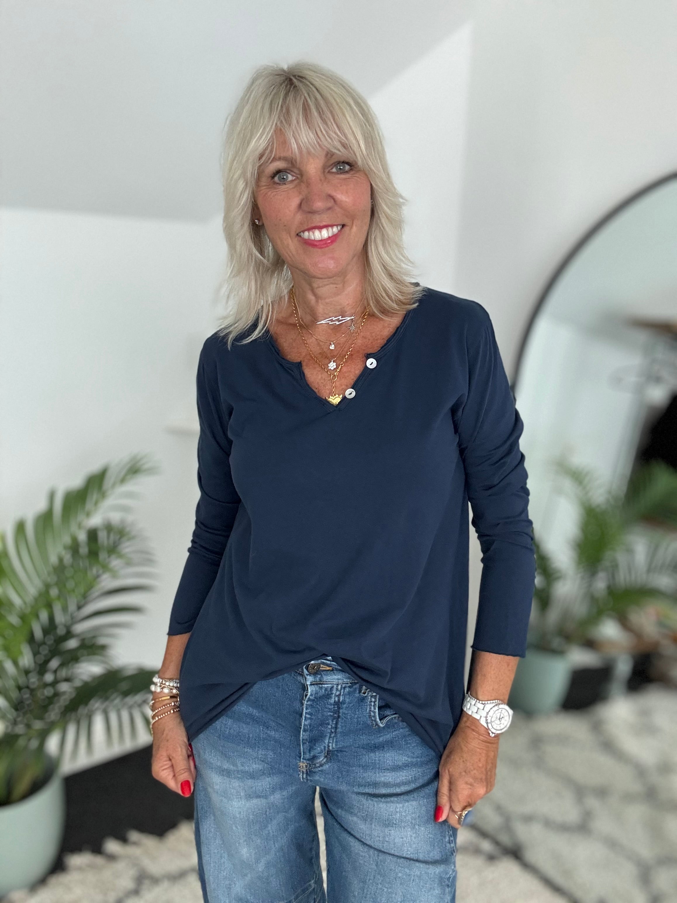 Long Sleeve Cotton Top in Navy