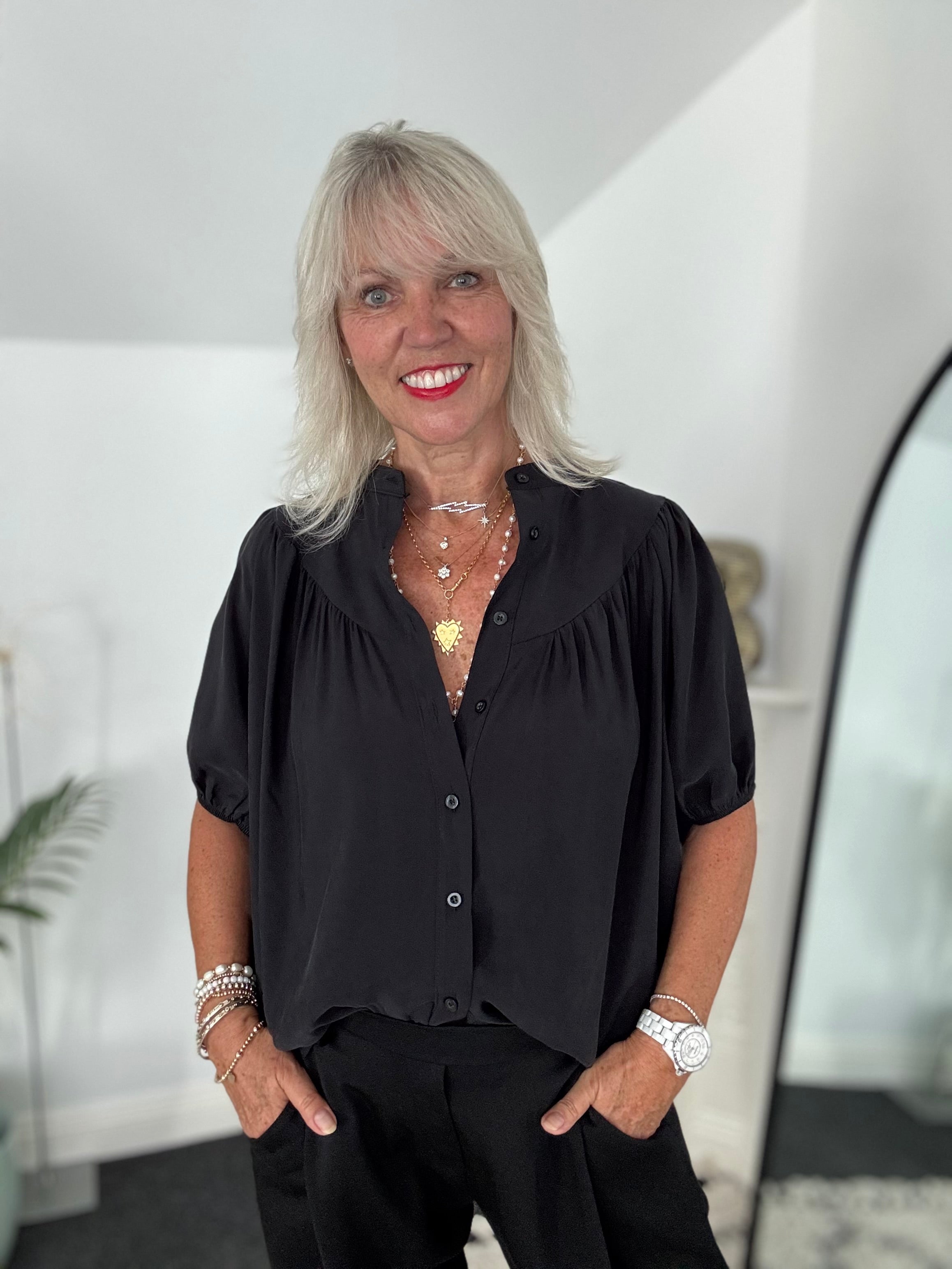 Luxe Gathered Yoke Blouse in Black