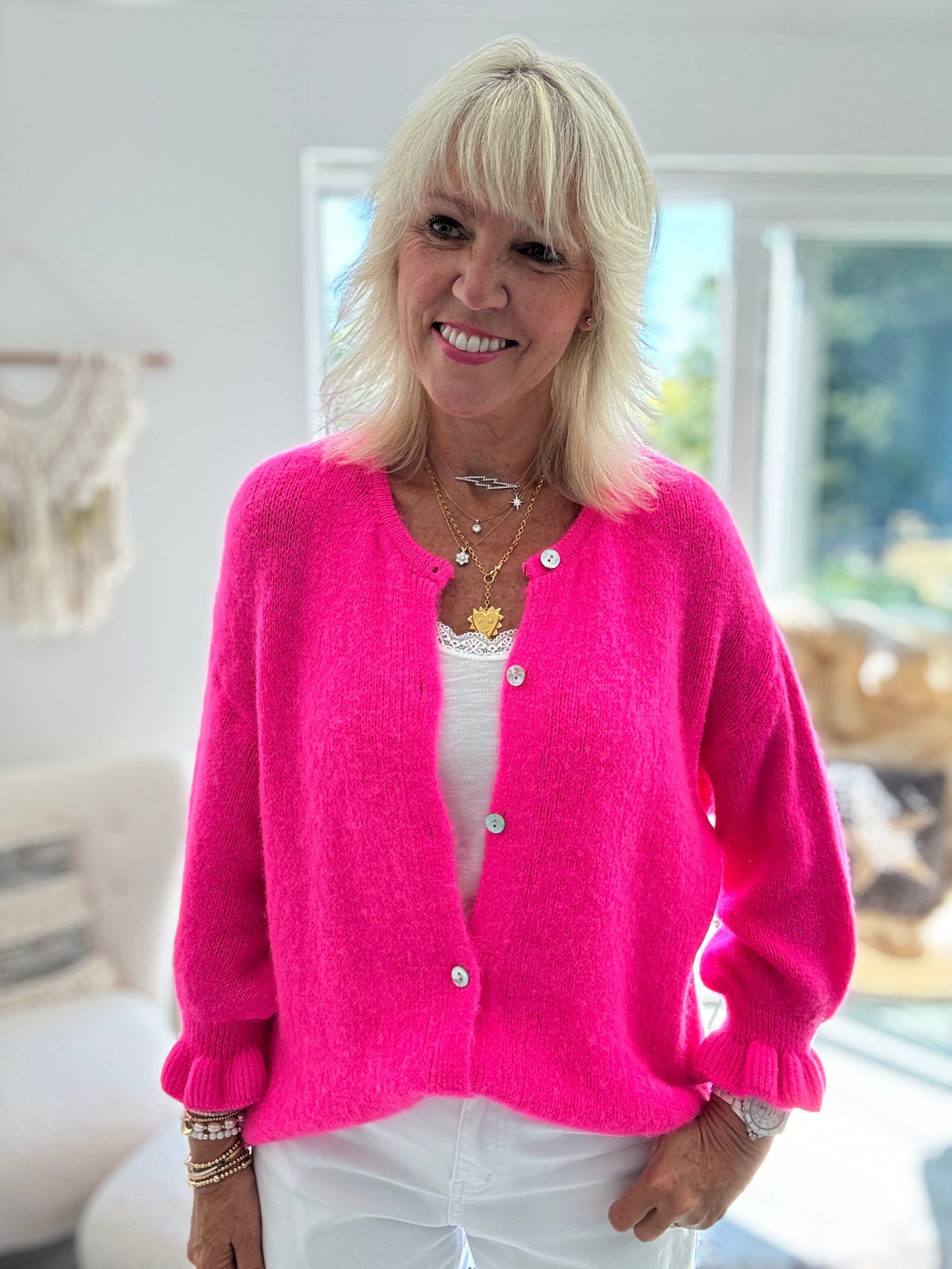 Alpaca Cardi with Frill Cuffs in Neon Pink