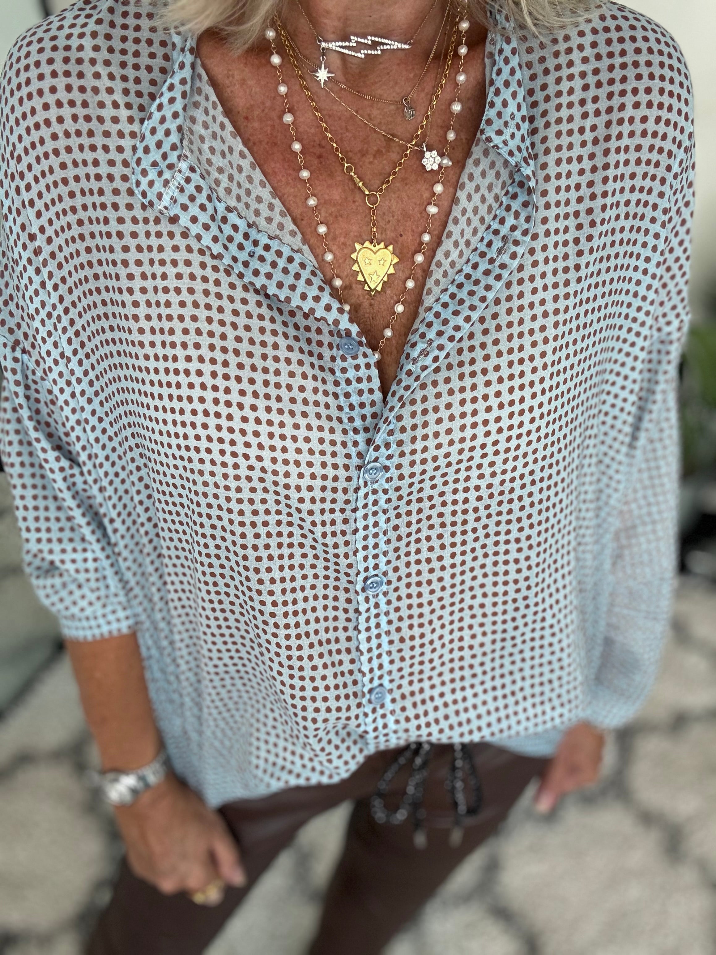 Lawn Cotton Dotty Shirt in Blue & Cocoa