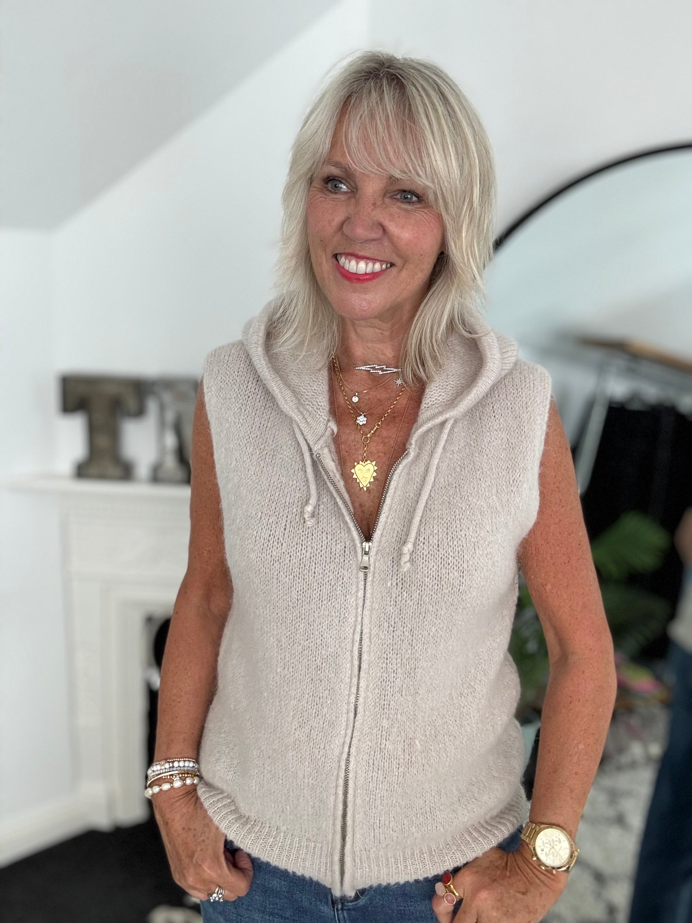 Hooded Mohair Gilet in Stone