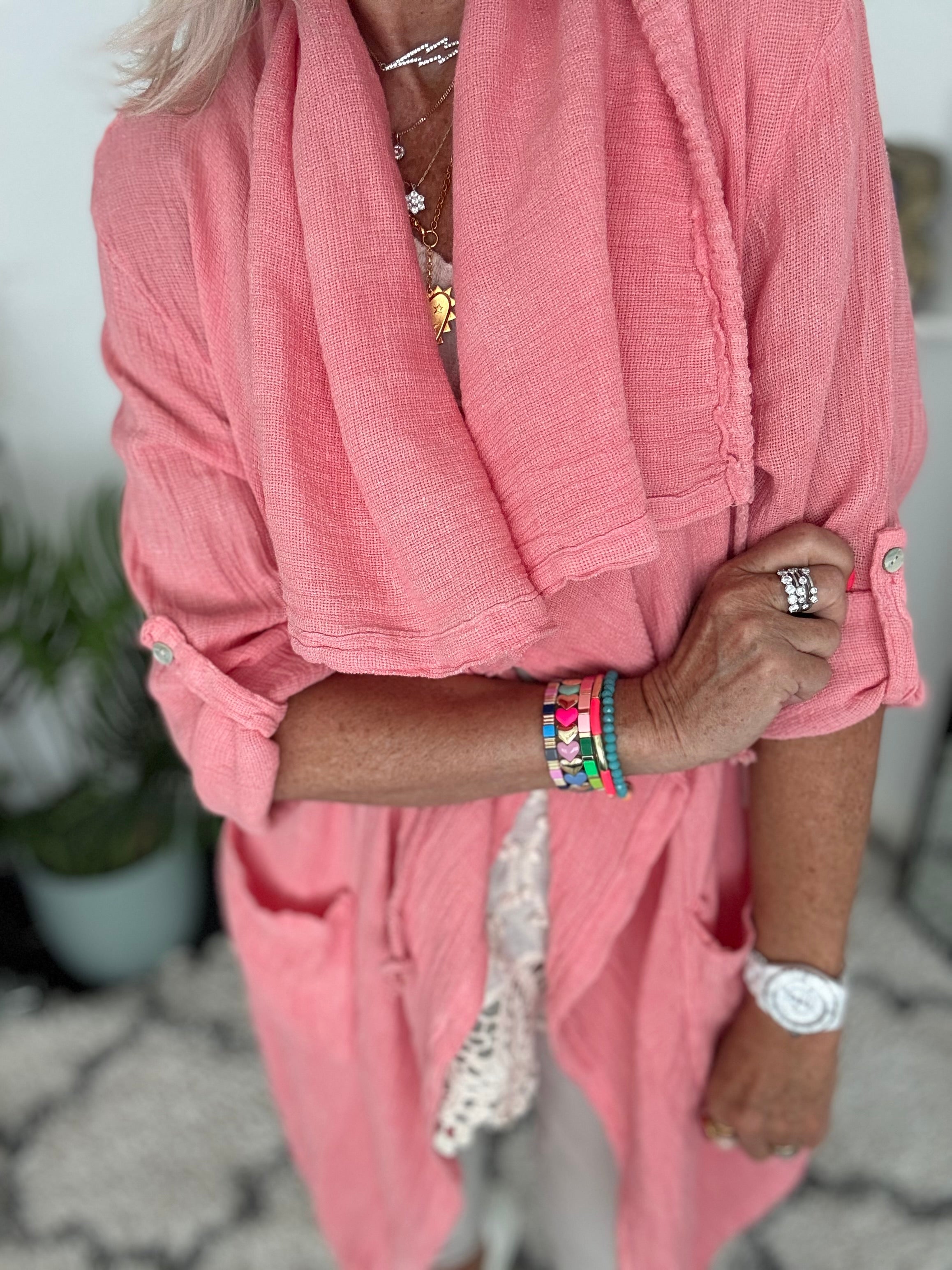 Linen & Cotton Parka Jacket in Coral