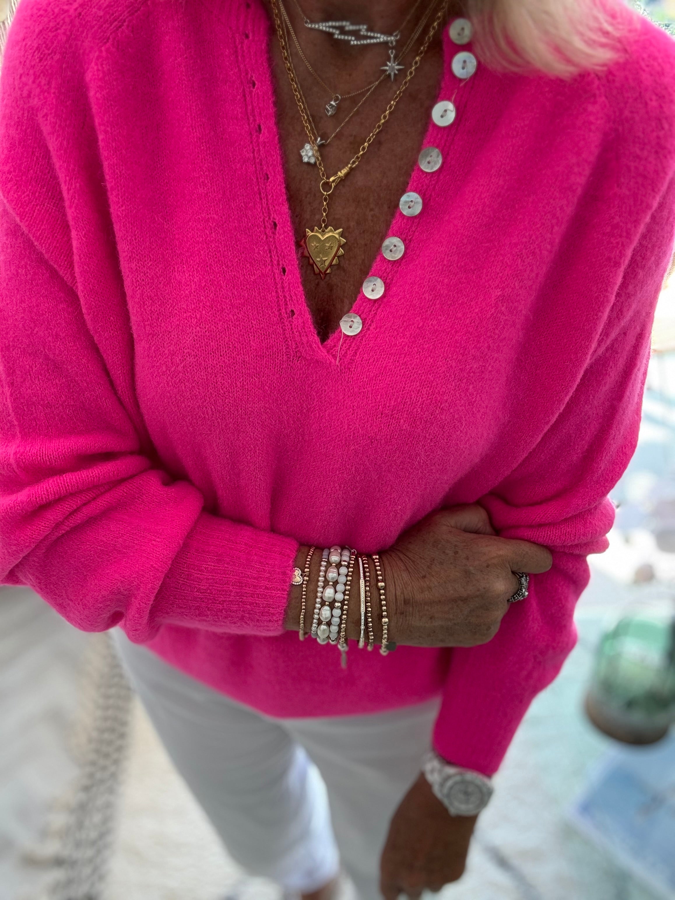 Softie Jumper with Button Neck in Neon Pink
