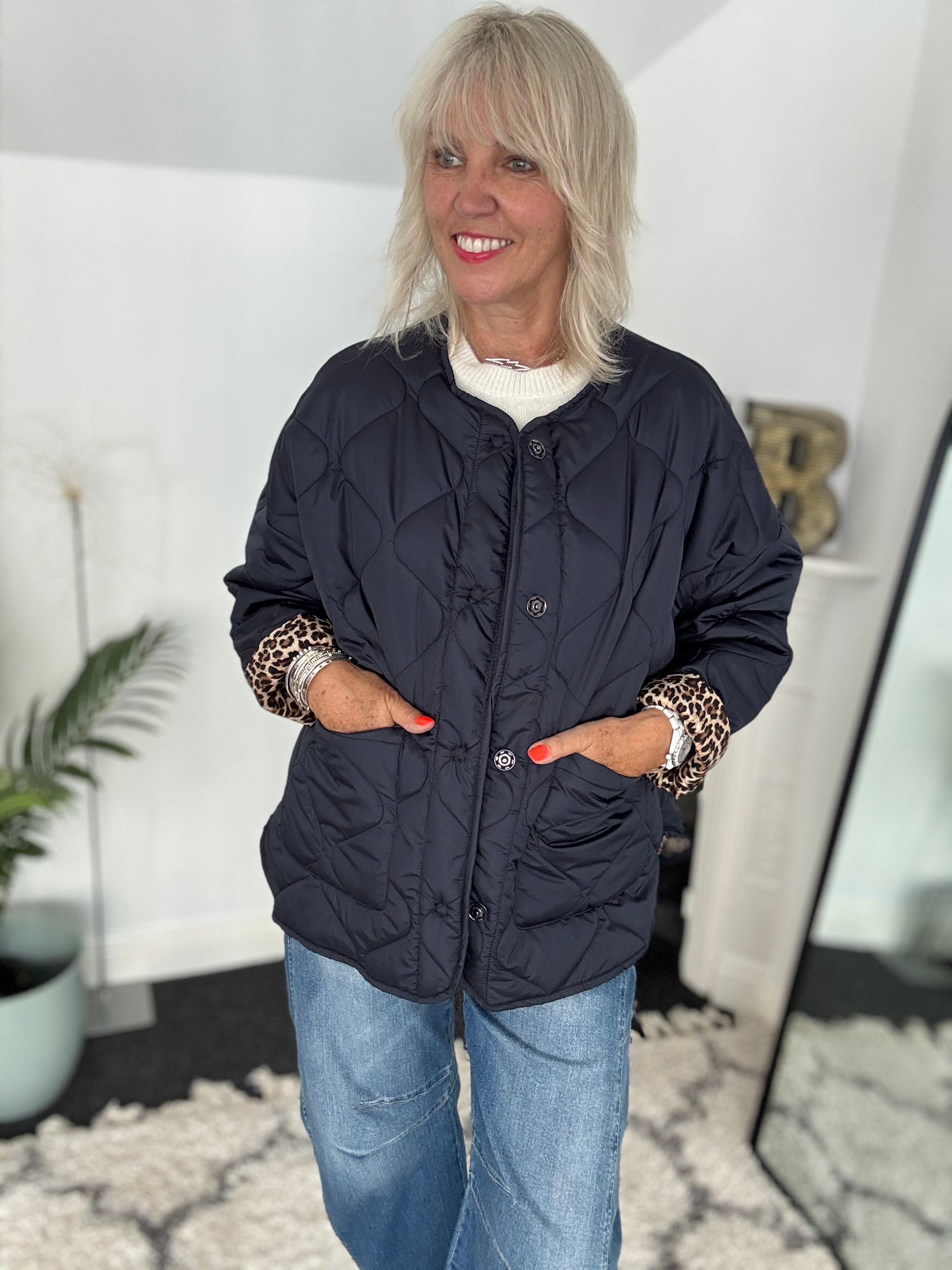 Reversible Quilted Jacket in Navy & Leopard