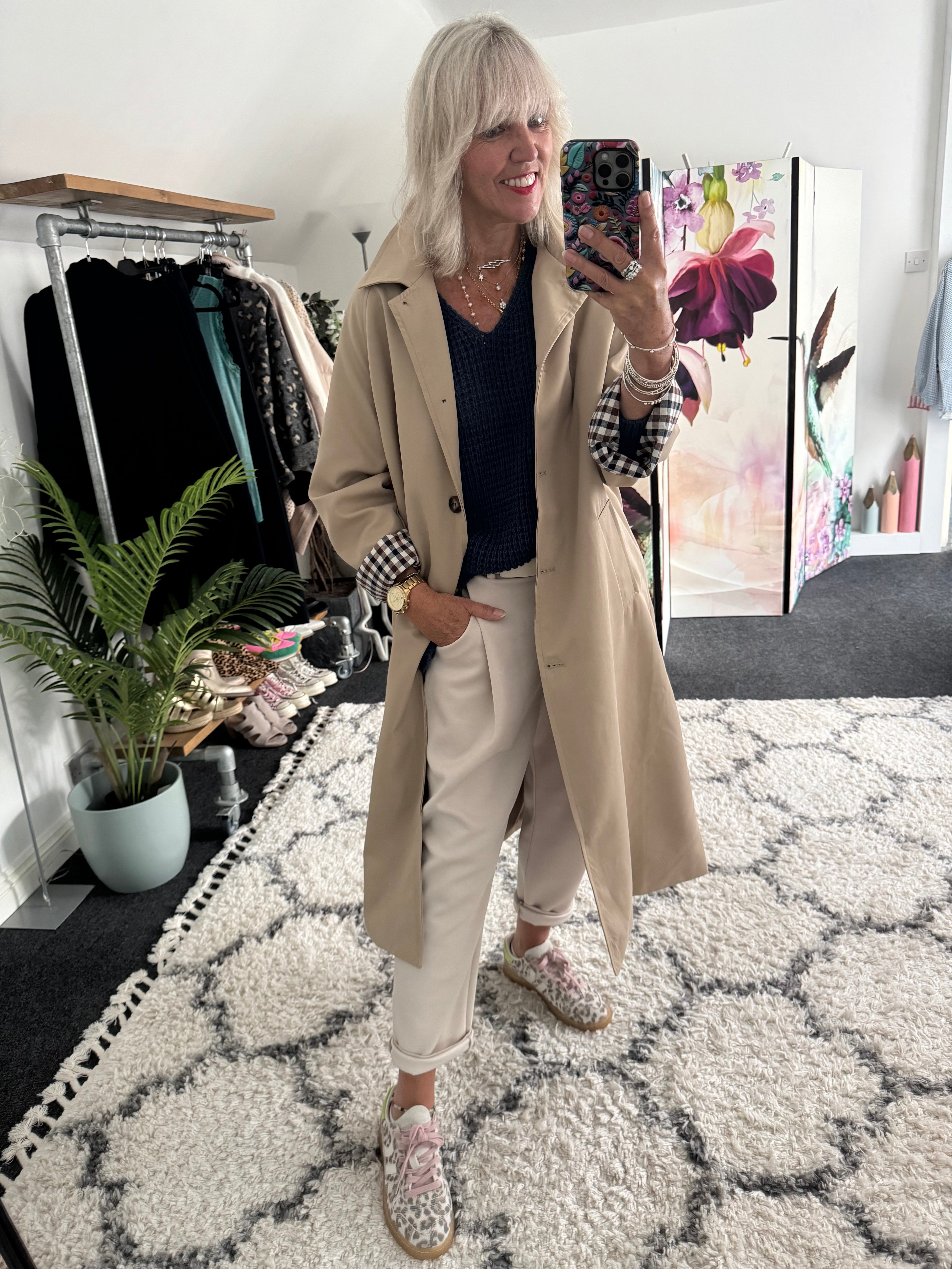 Long Line Trench with Gingham Cuffs