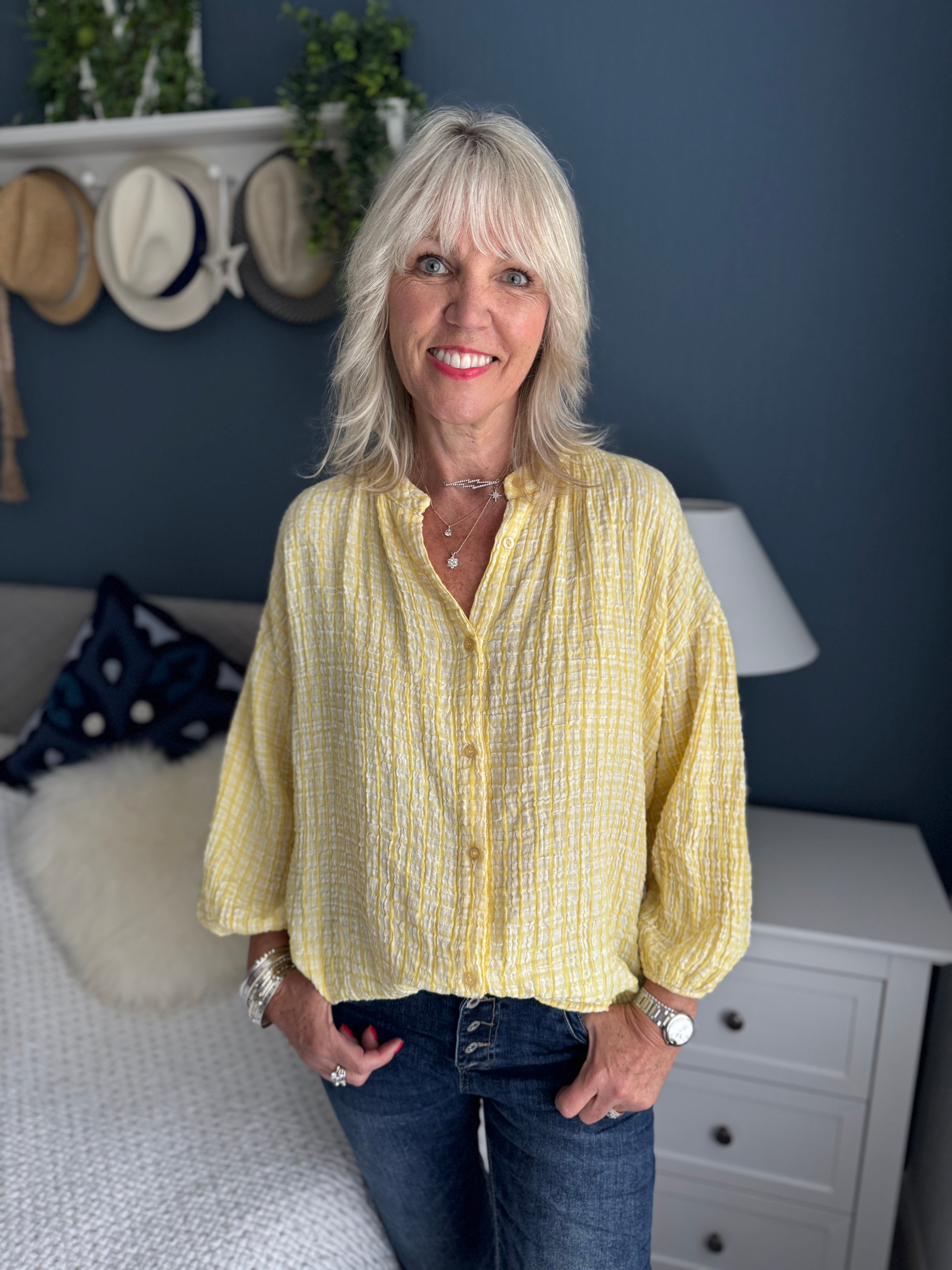 Gingham Seersucker Blouse in Lemon
