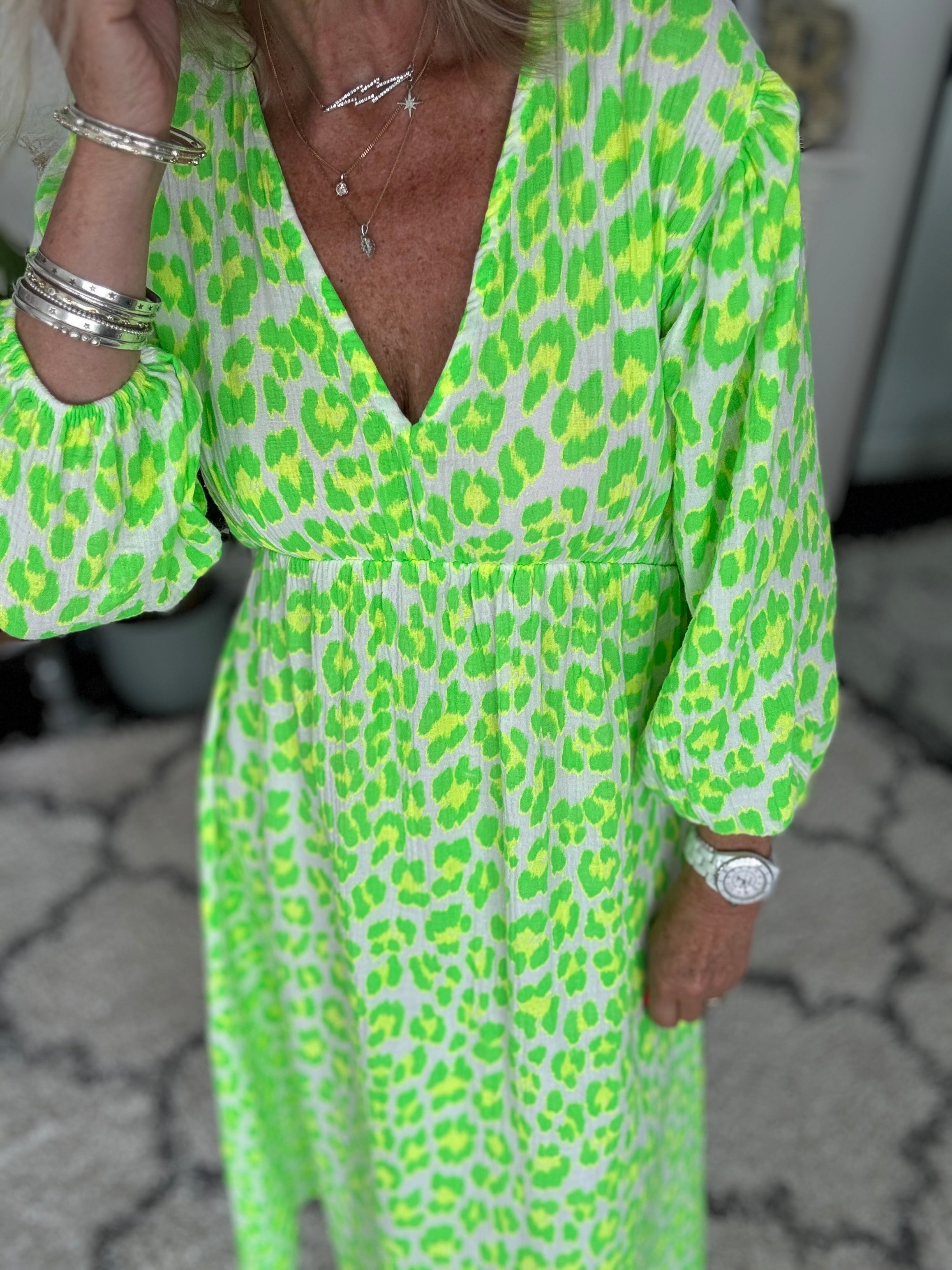 Cheesecloth Midi Dress in Neon Citrus Leopard