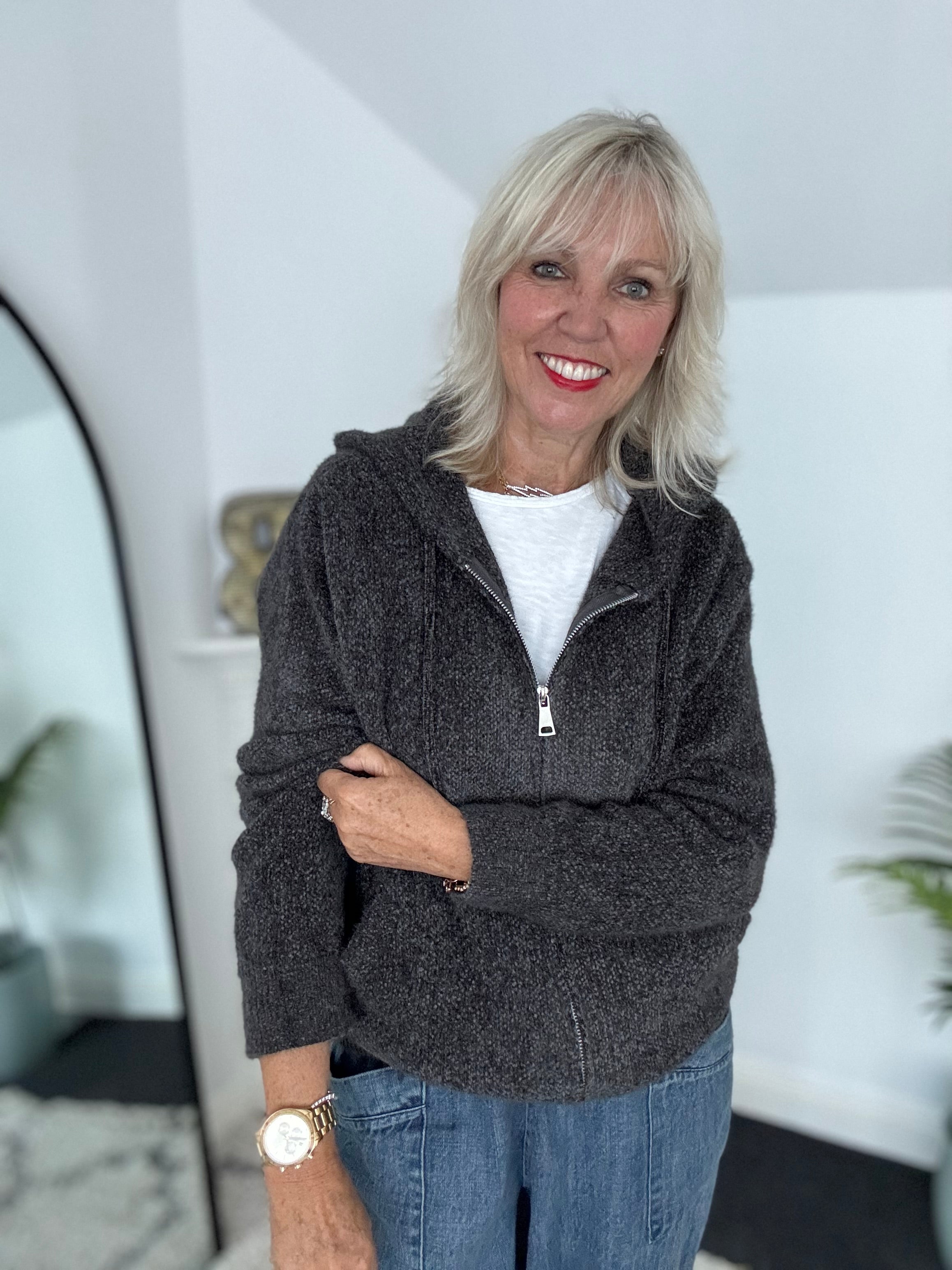 Soft Hooded Knit with Pockets in Anthracite