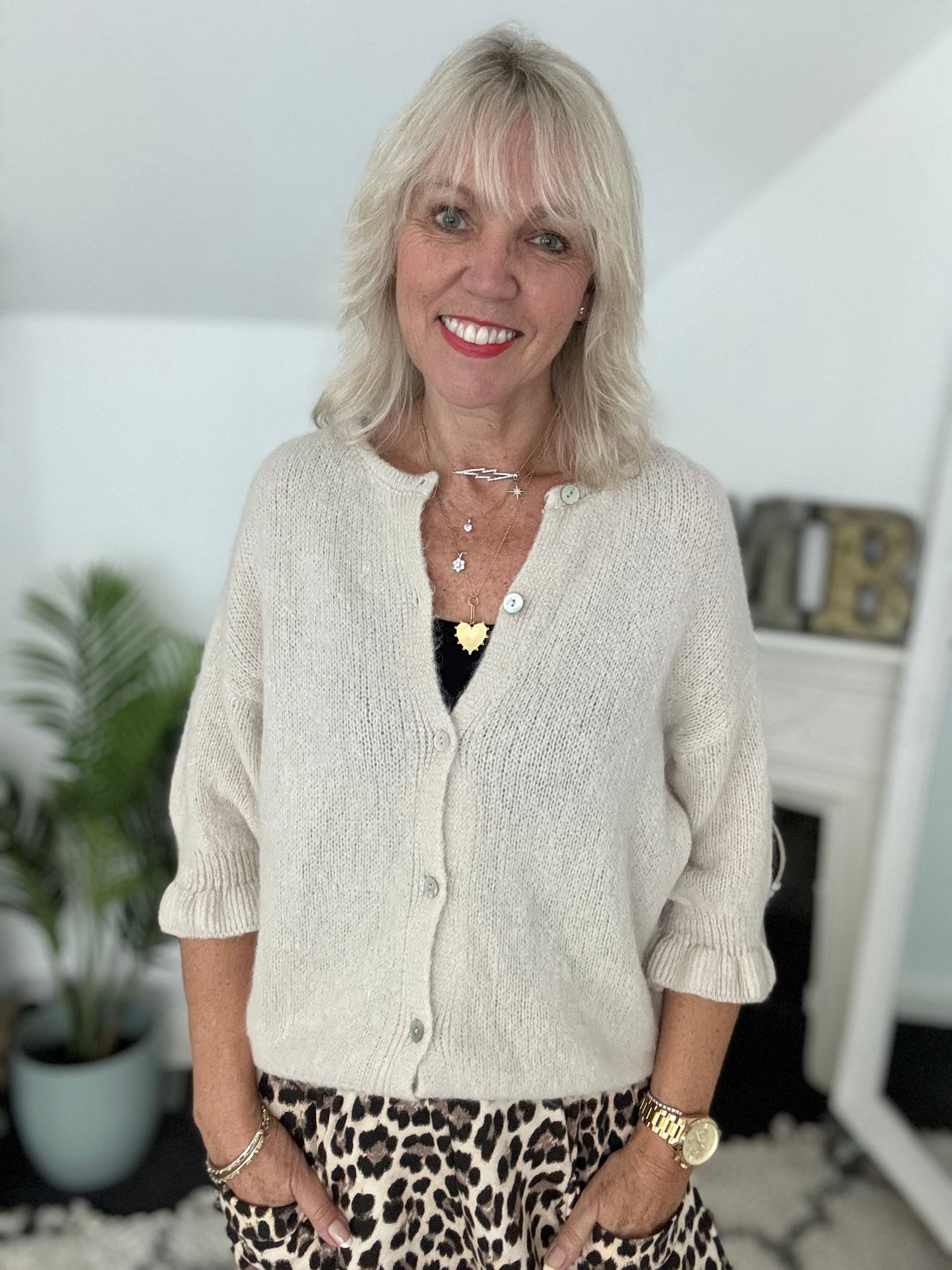 Alpaca Cardi with Frill Cuffs in Ecru