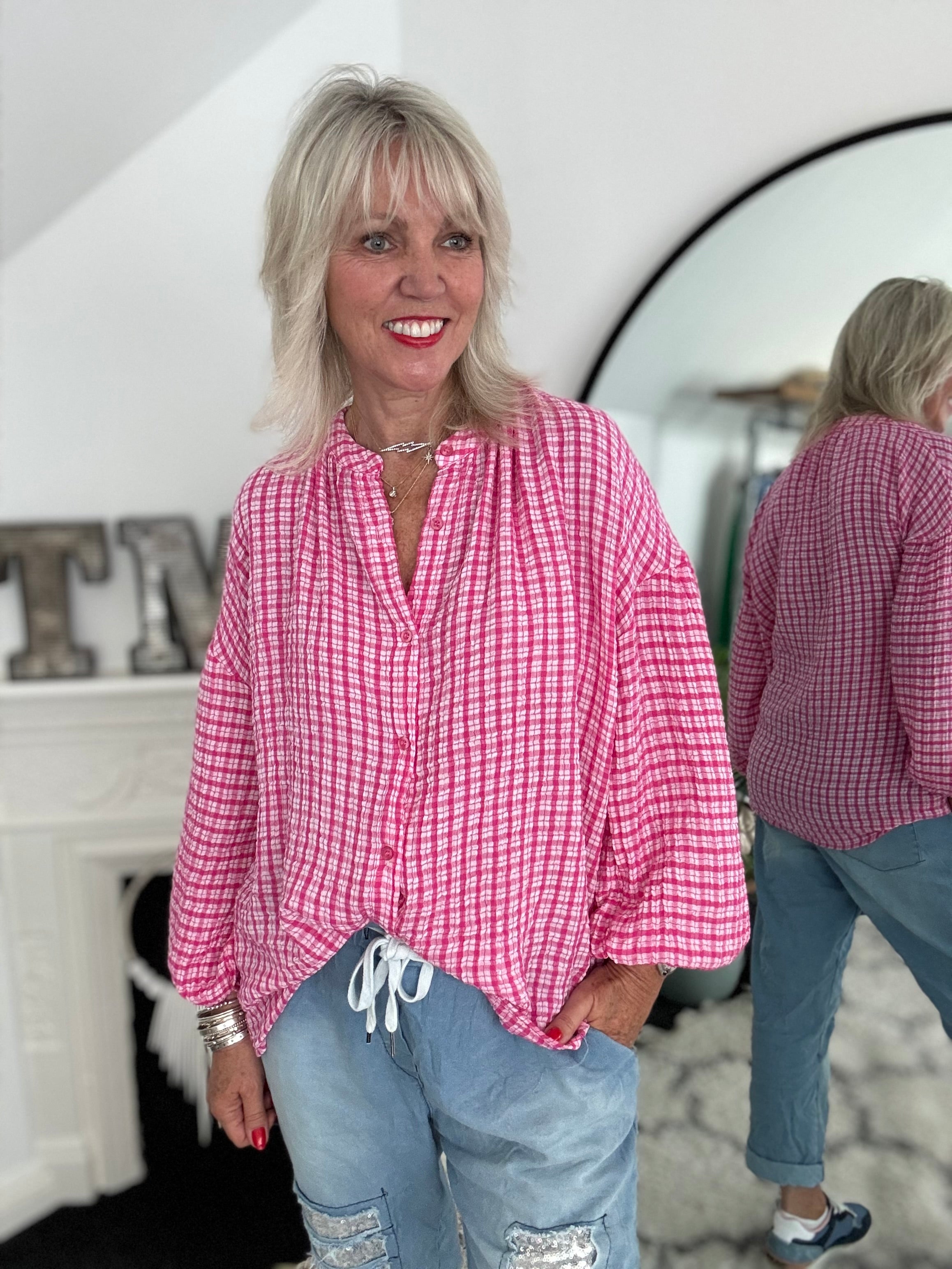 Gingham Seersucker Blouse in Raspberry