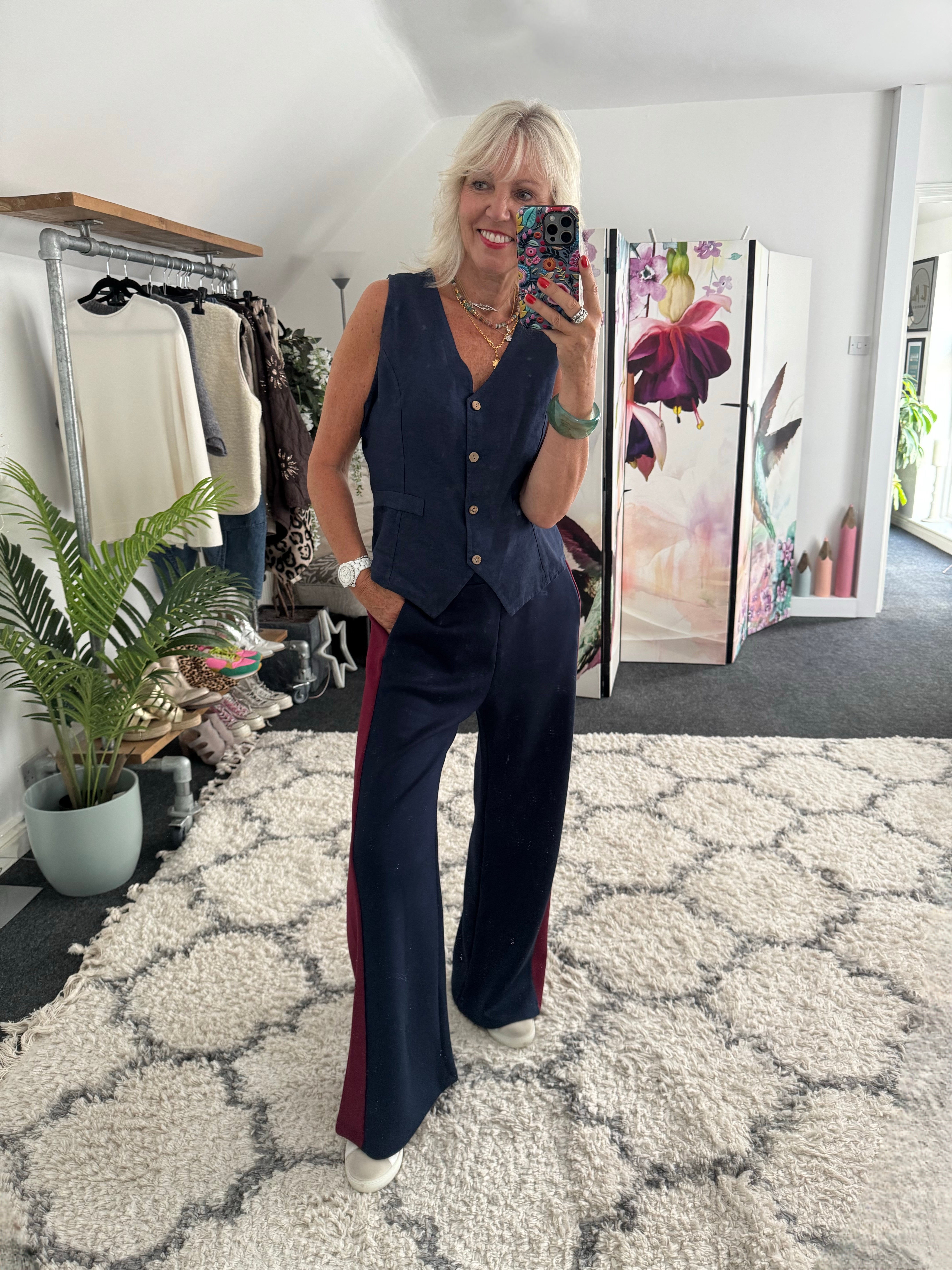 Stretch Trousers with Side Stripe in Navy & Claret