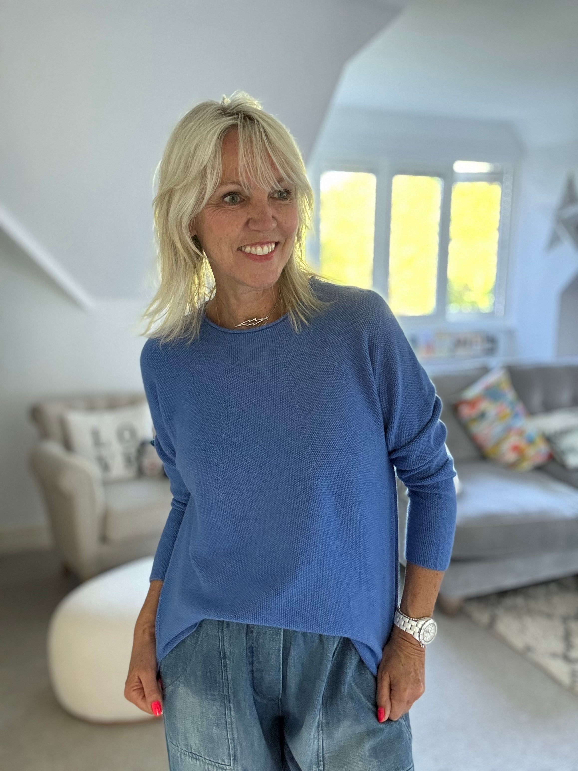 Moss Stitch Jumper with Ladder Back in Sky Blue