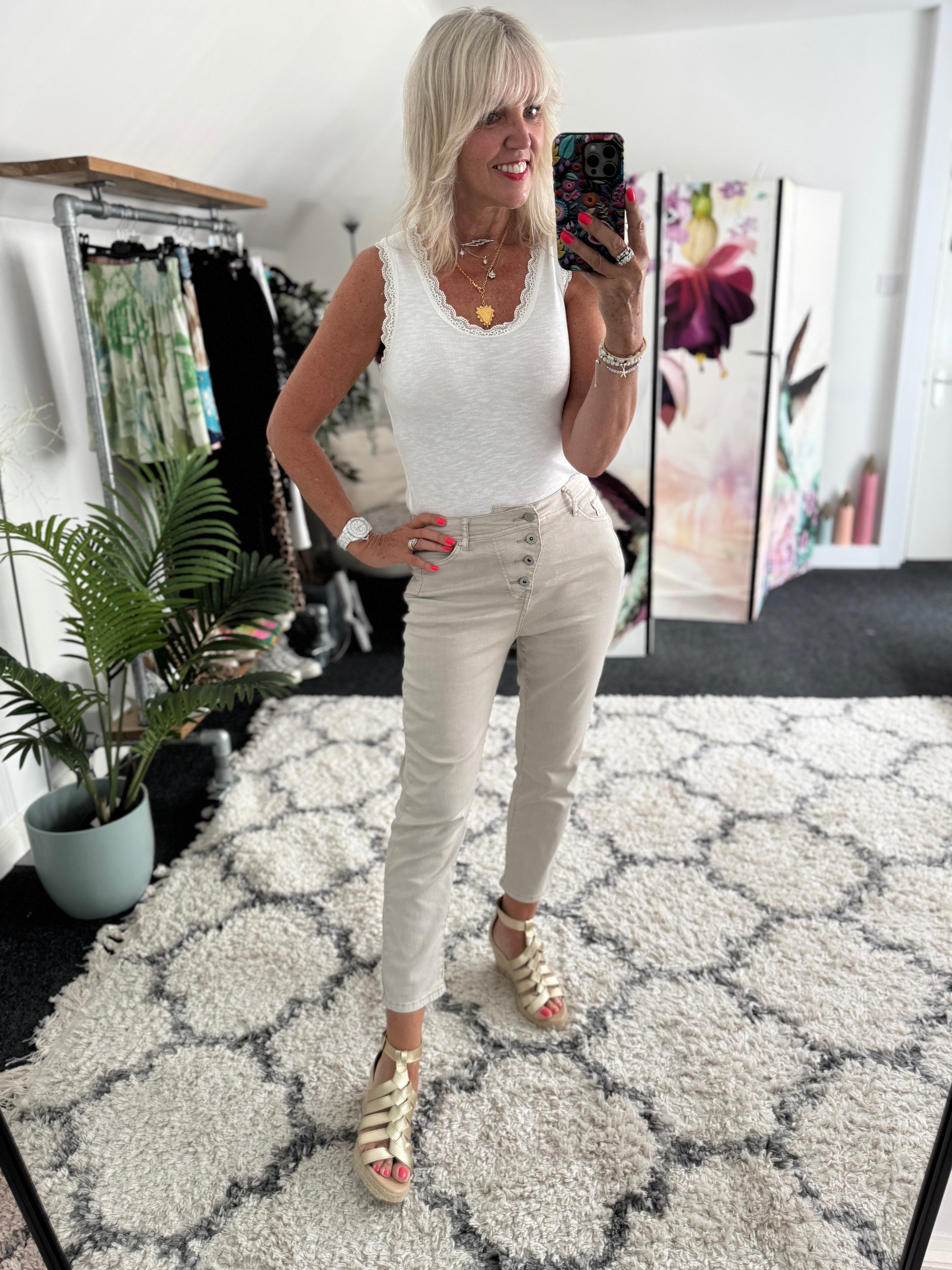 Button Fly Cropped Jean in Stone