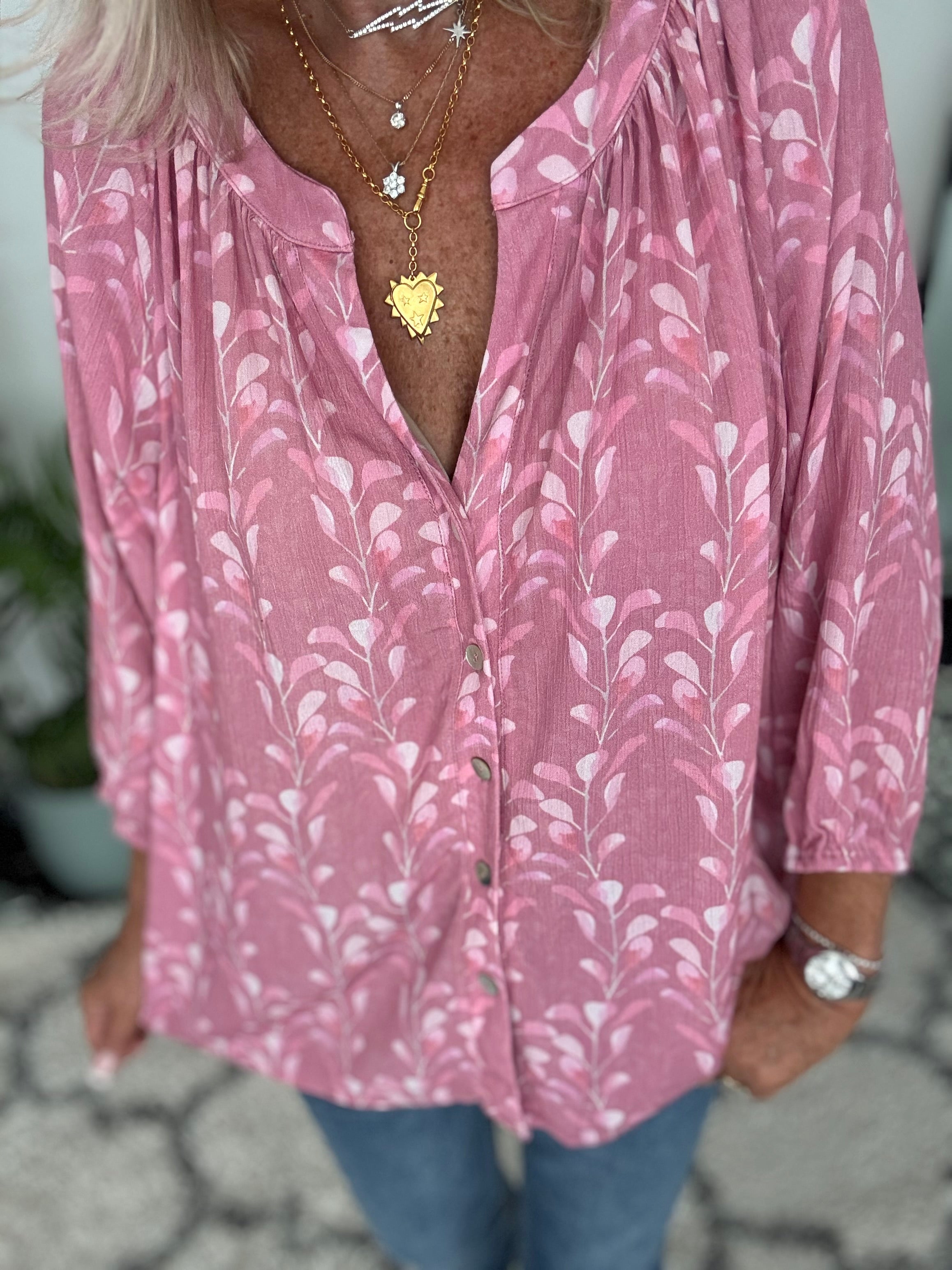 Leaf Print Blouse in Pink