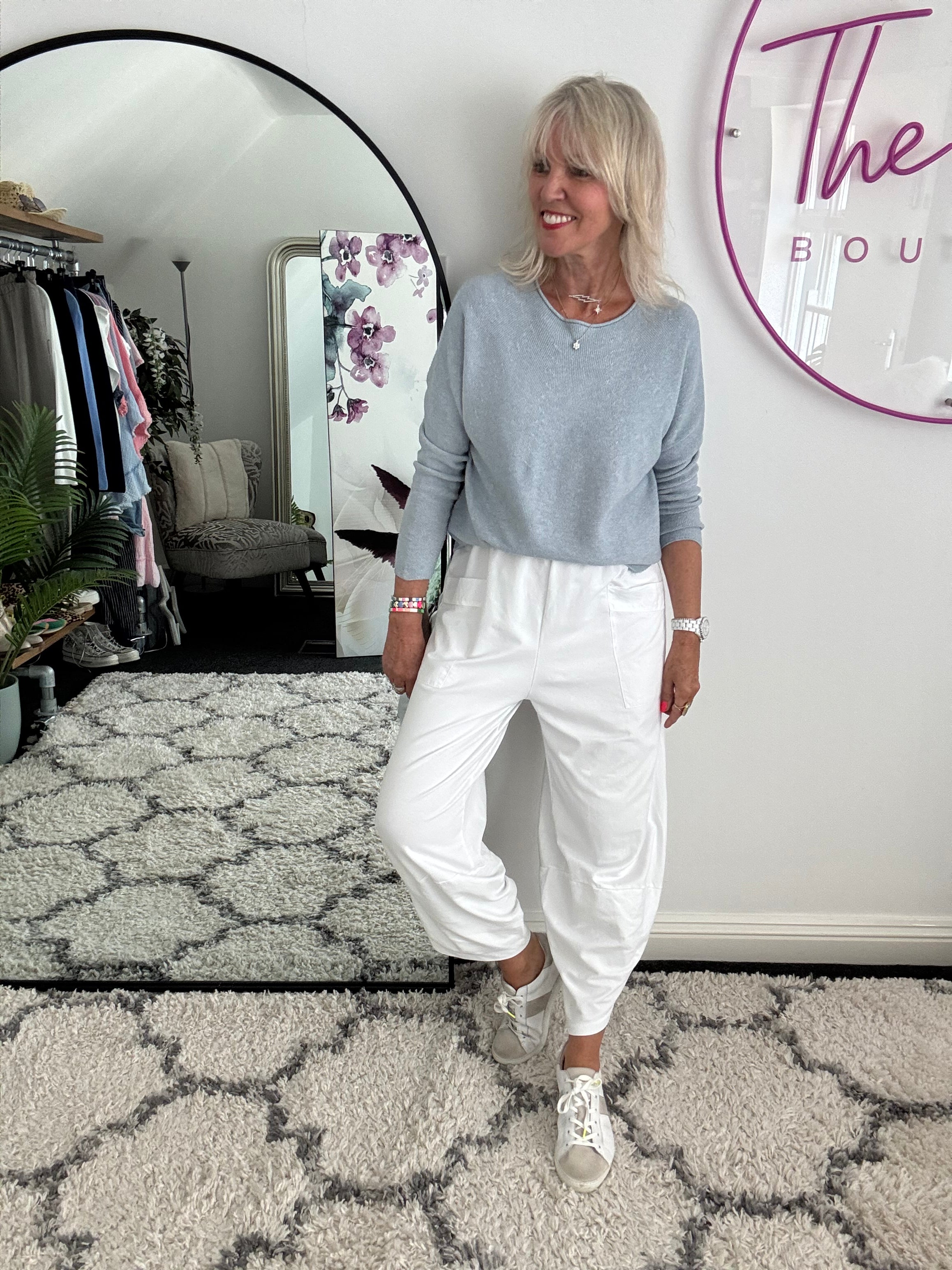 Barrel Shape Cotton Jersey Trousers in White