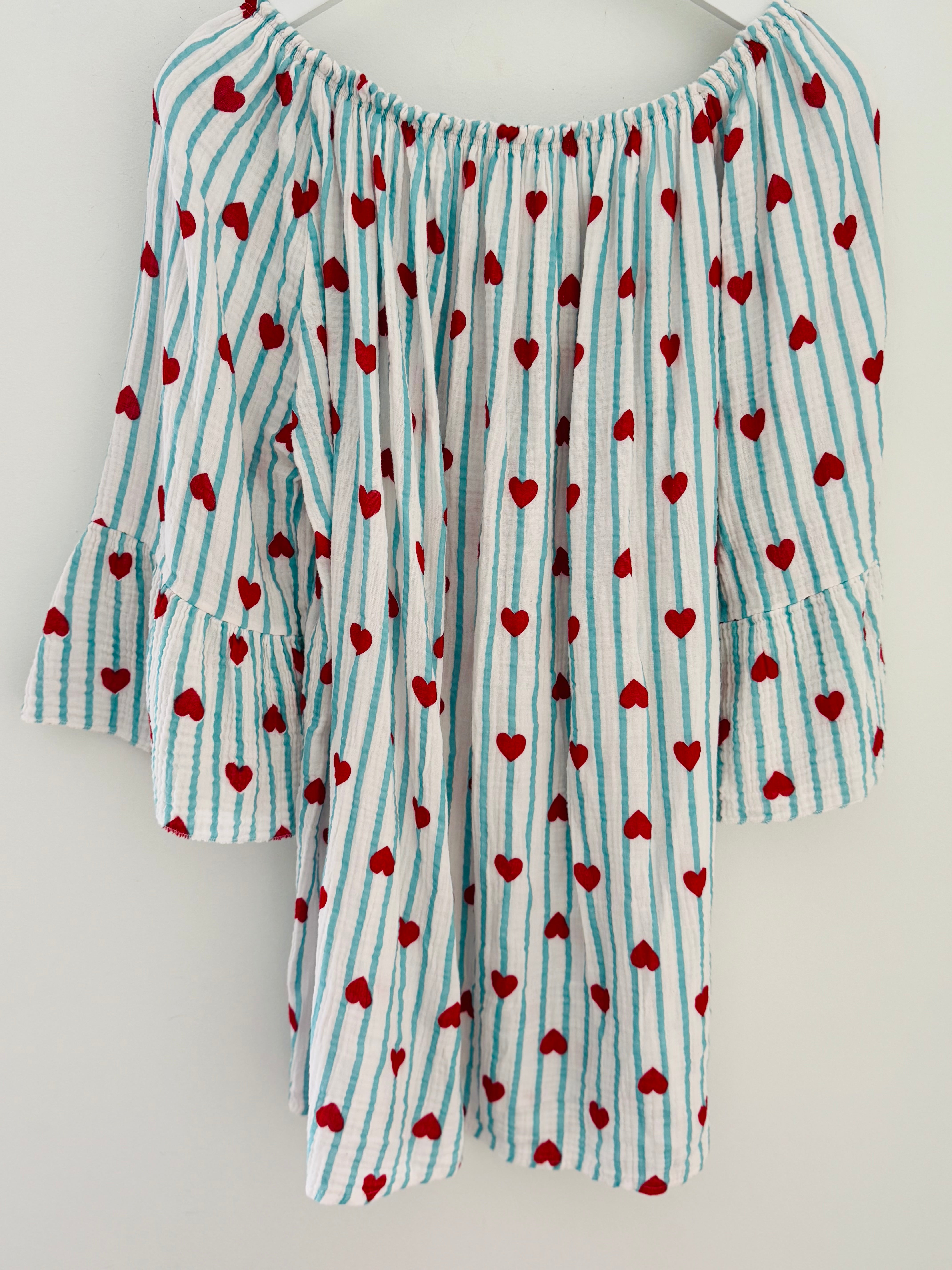 Cheesecloth Bardot Top in Aqua & Red Hearts