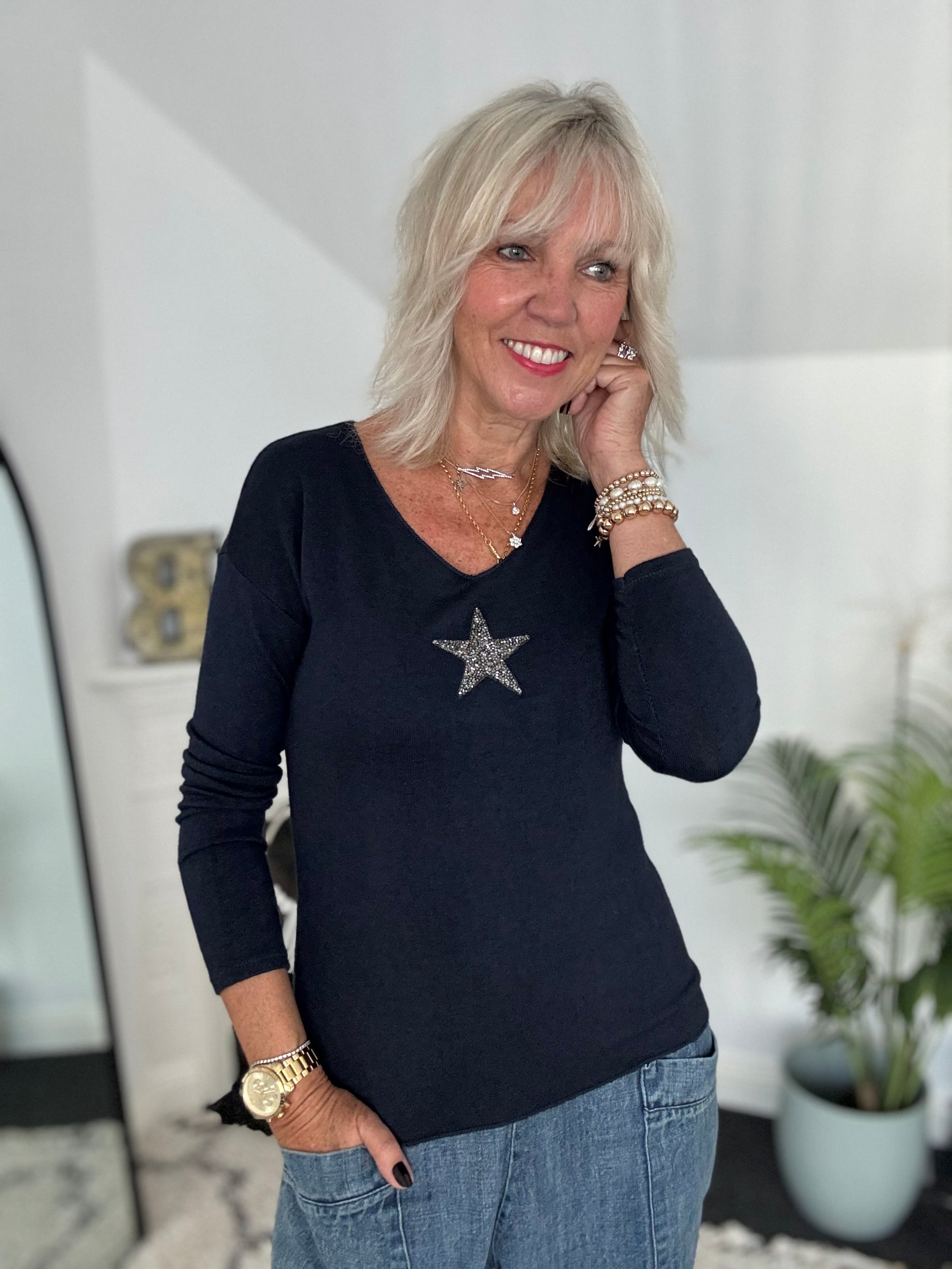 Slimfit Glitter Star Jumper in Ink