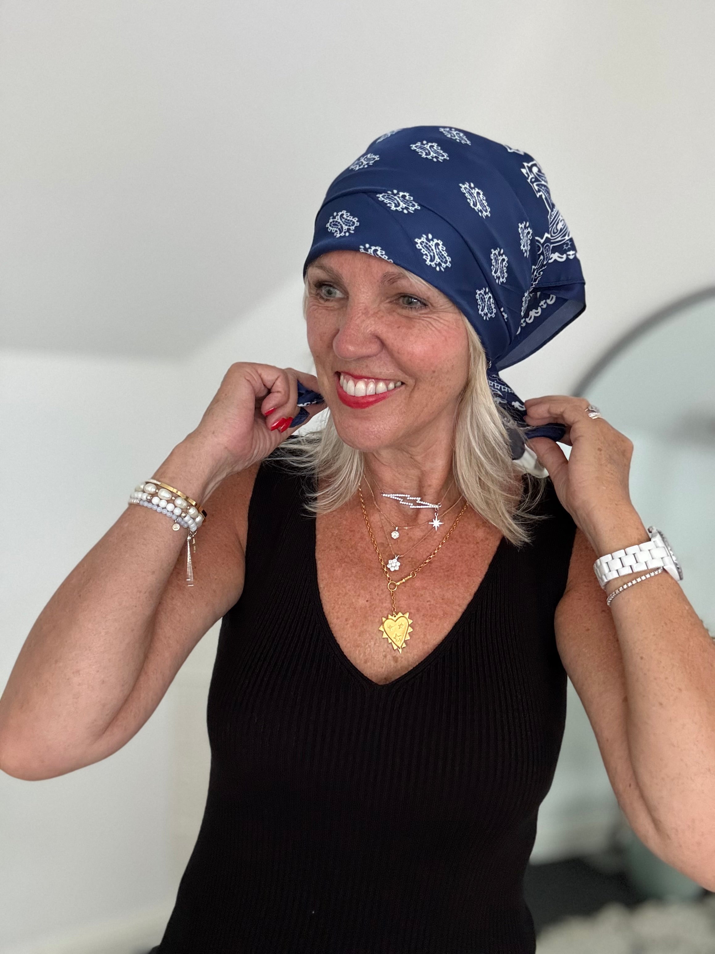 Silky Paisley Bandana Scarf in Navy