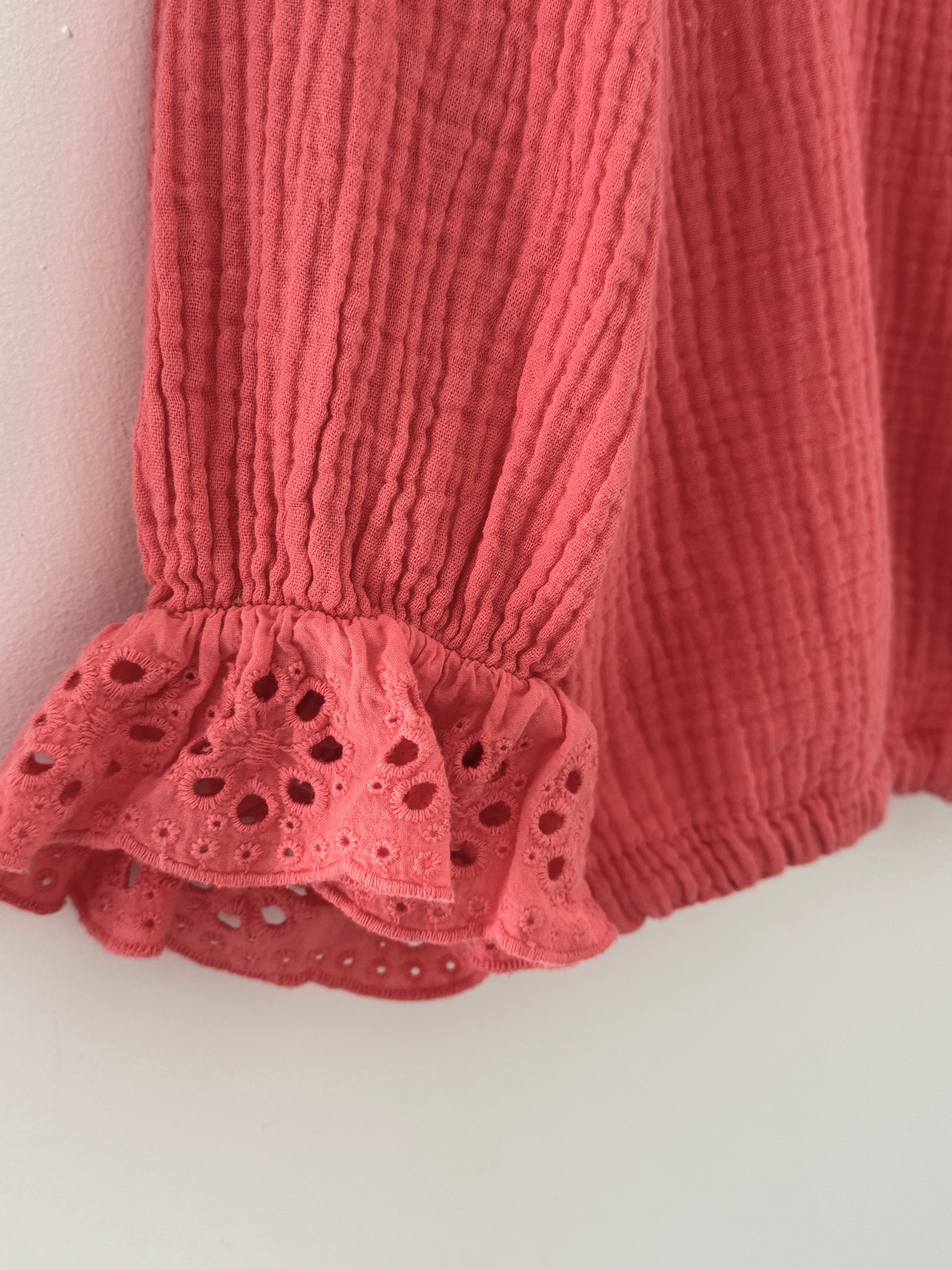Cheesecloth Blouse with Broderie Collar in Coral