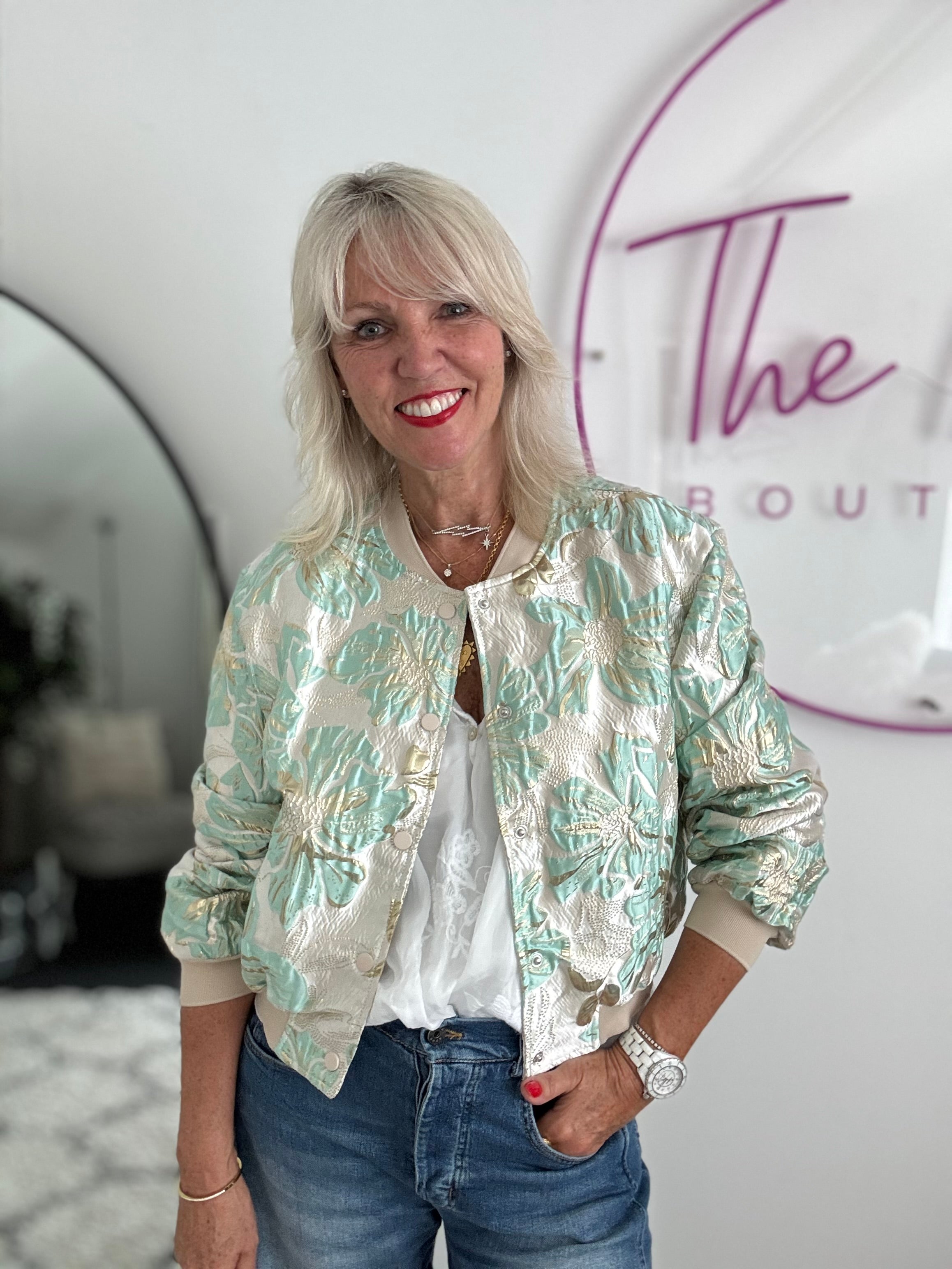Luxe Bomber Jacket in Mint & Ecru