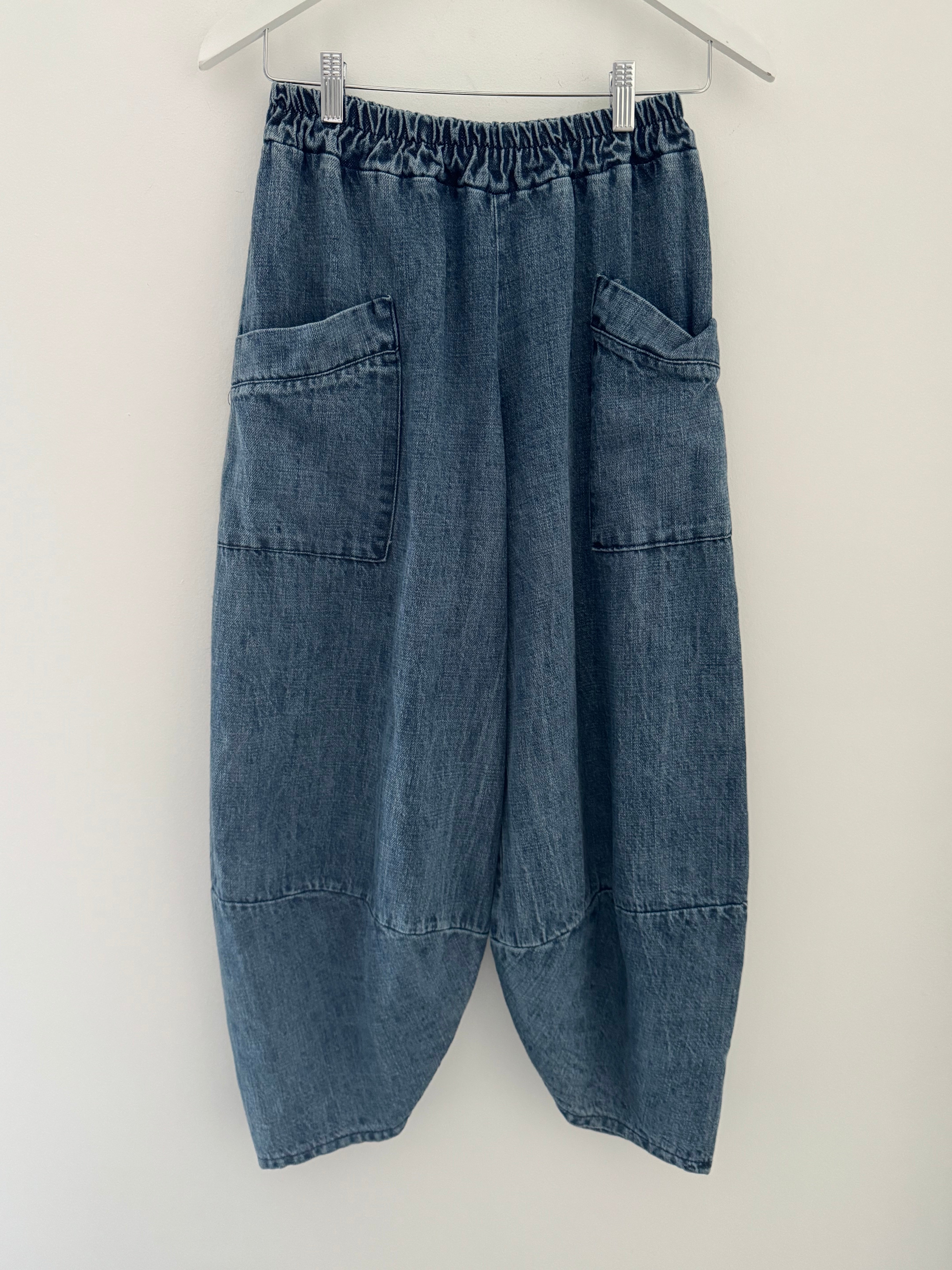 Premium Barrel Leg Trousers in Blue Denim