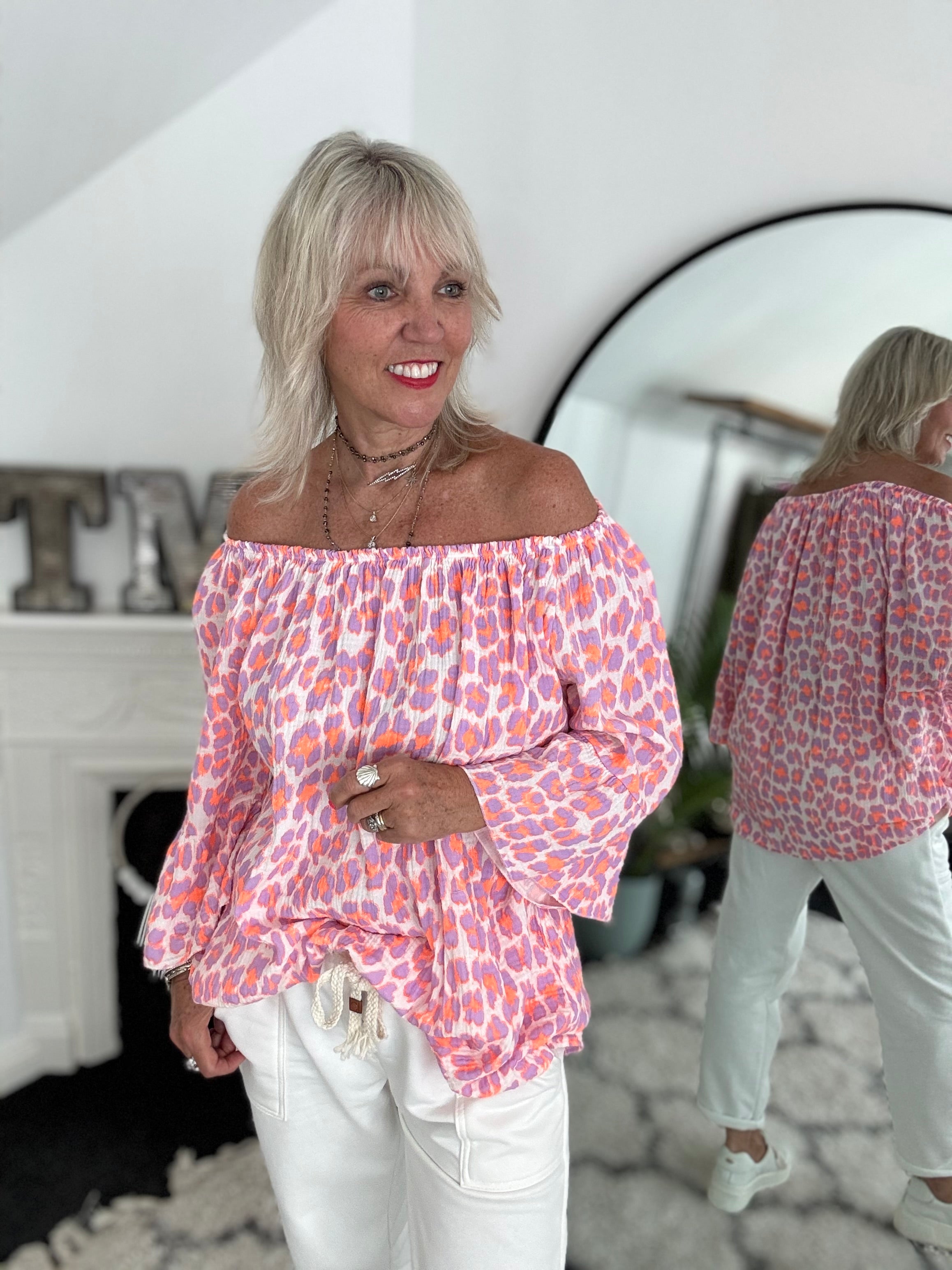 Cheesecloth Bardot Top in Lilac & Orange Leopard