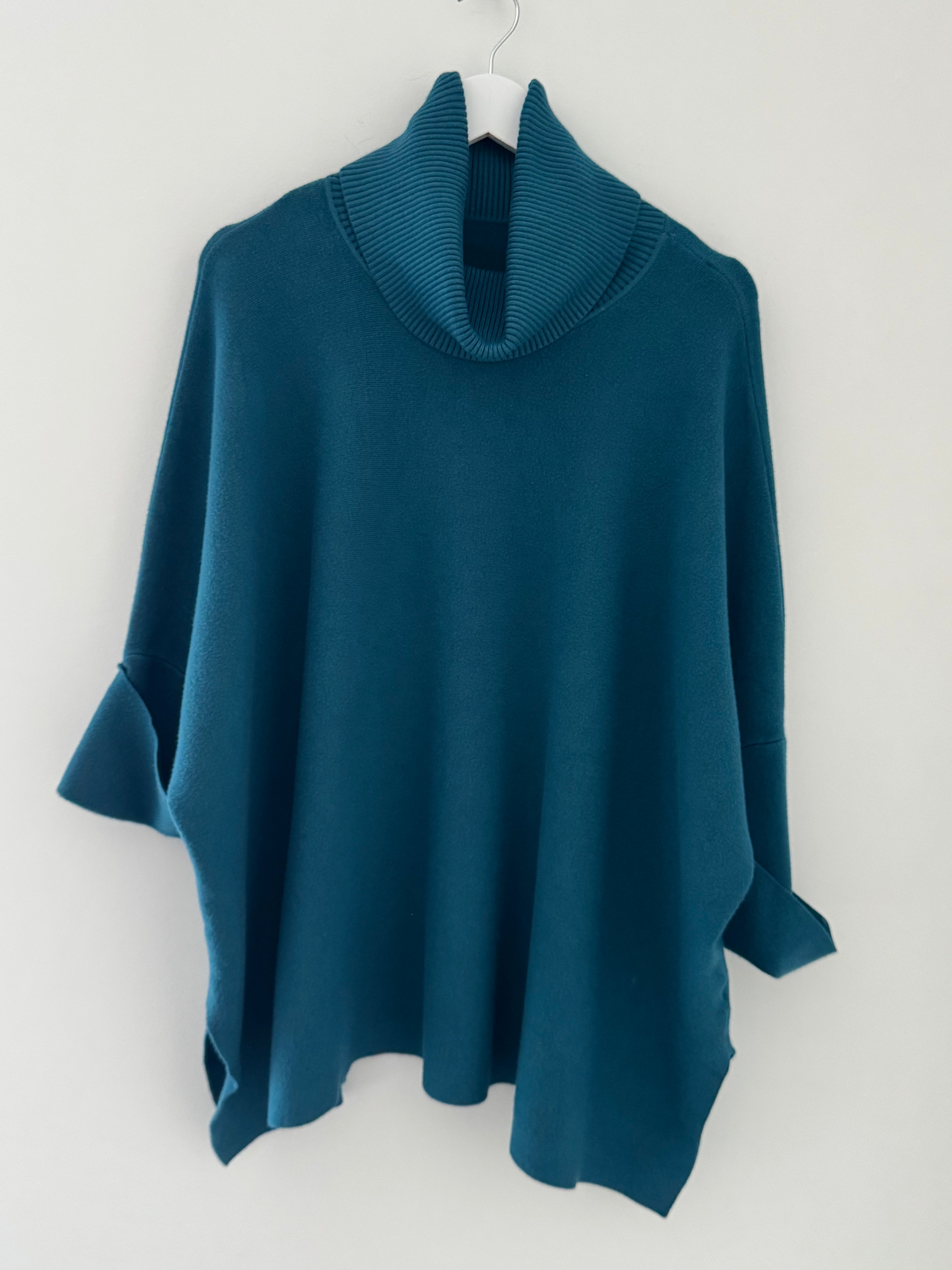 Oversized Roll Neck Poncho Jumper in Teal