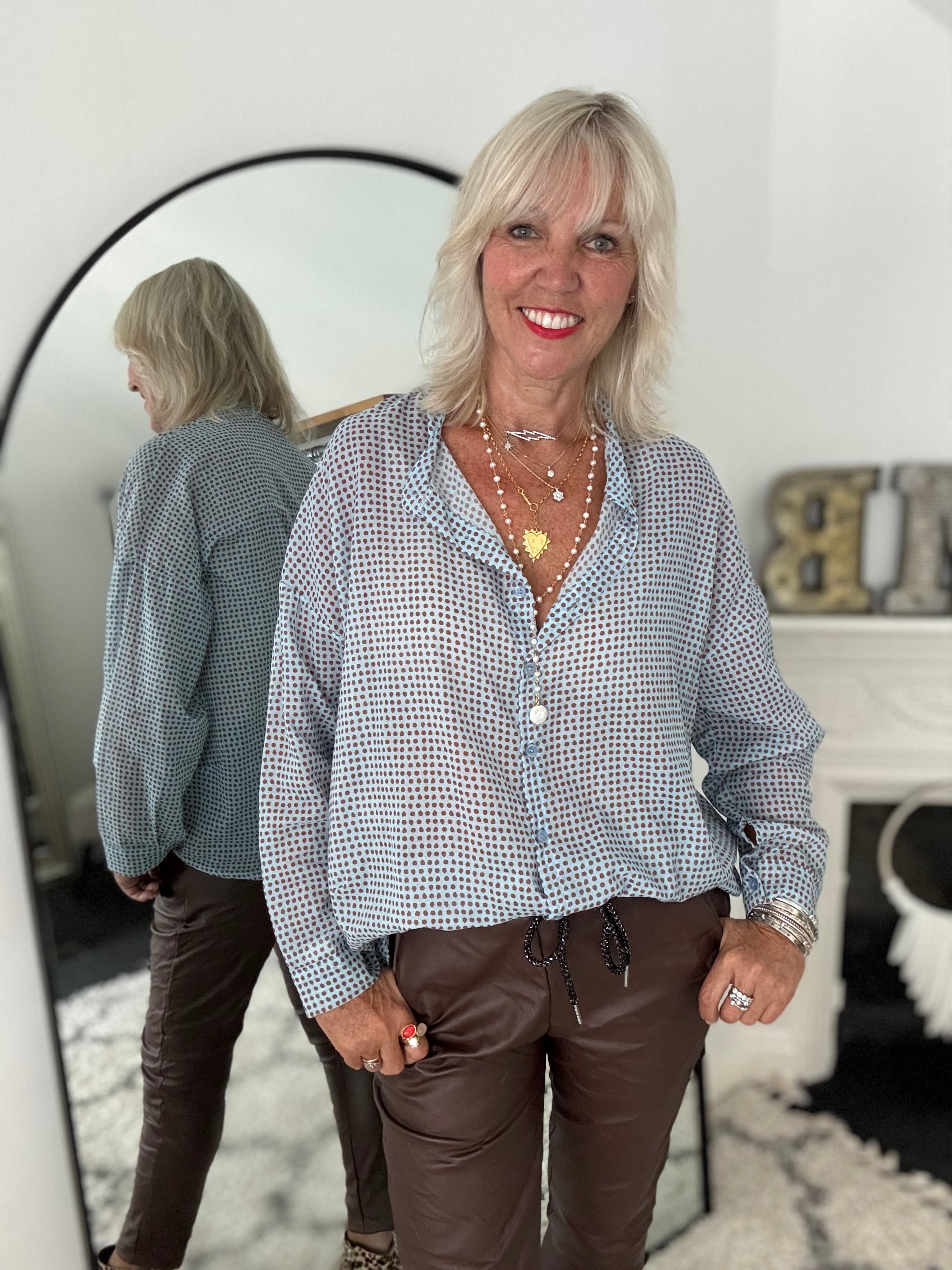 Lawn Cotton Dotty Shirt in Blue & Cocoa