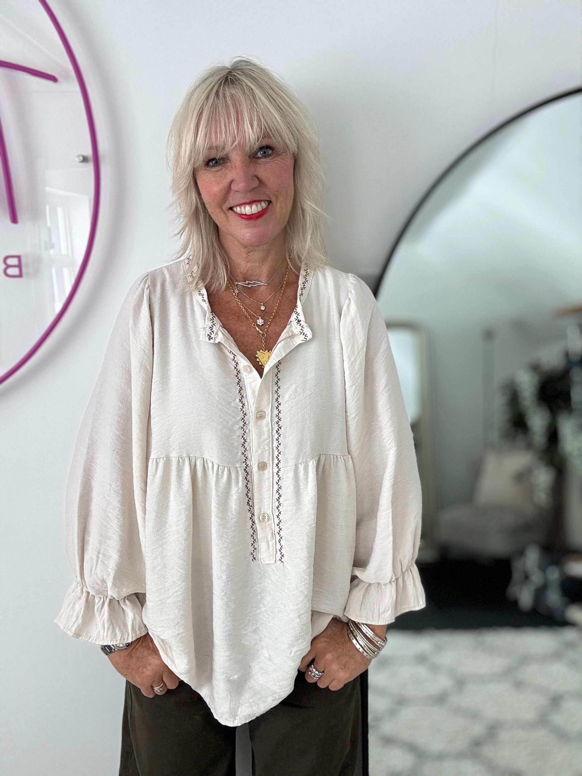 Luxe Blouse with Embroidery in Ecru