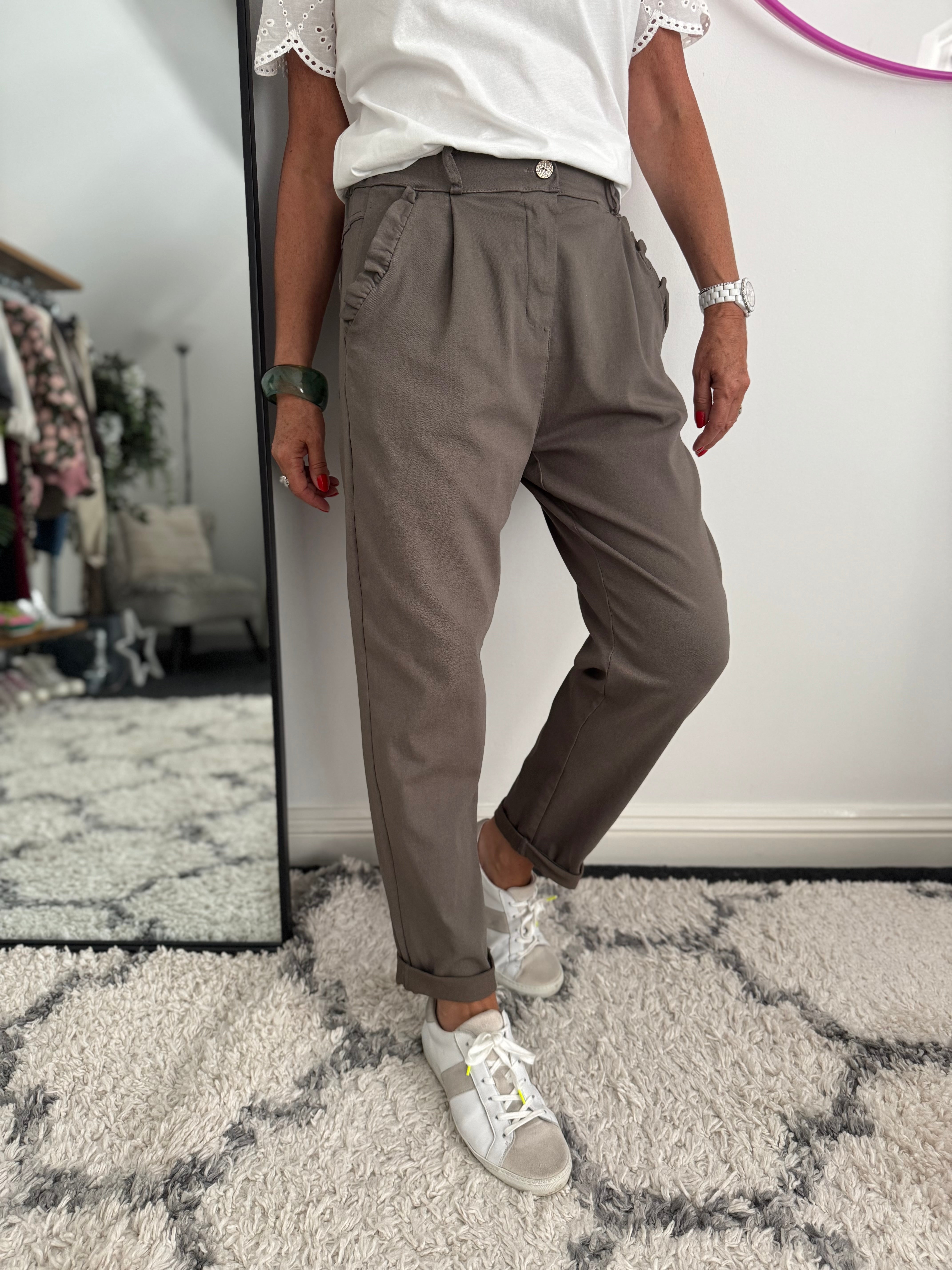 Luxe Stretch Trousers with Ruffle Pocket in Mocha