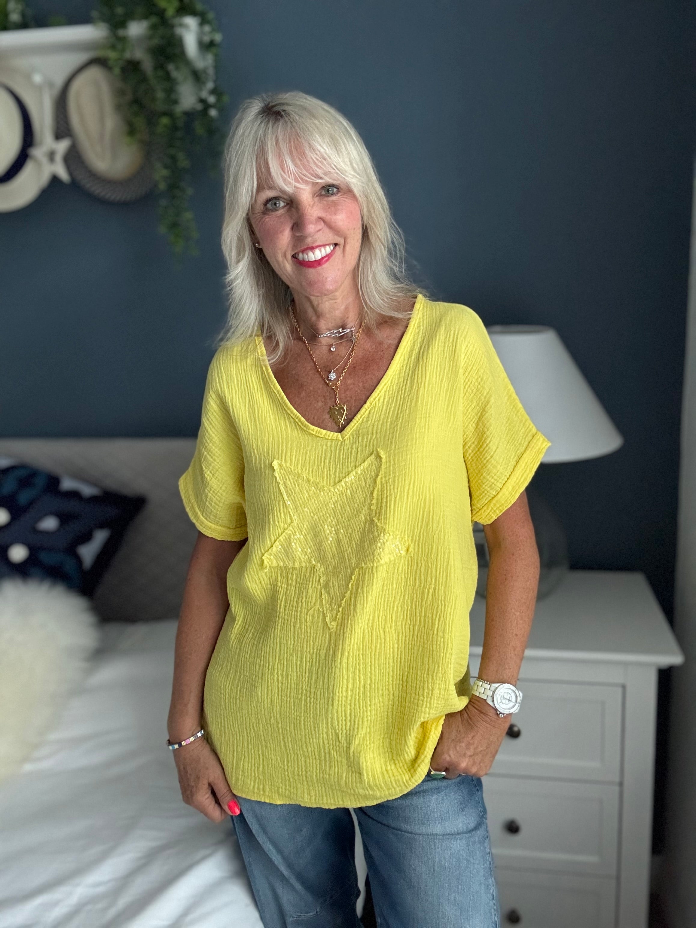 Cheesecloth Sequin Star Top in Sunshine Yellow
